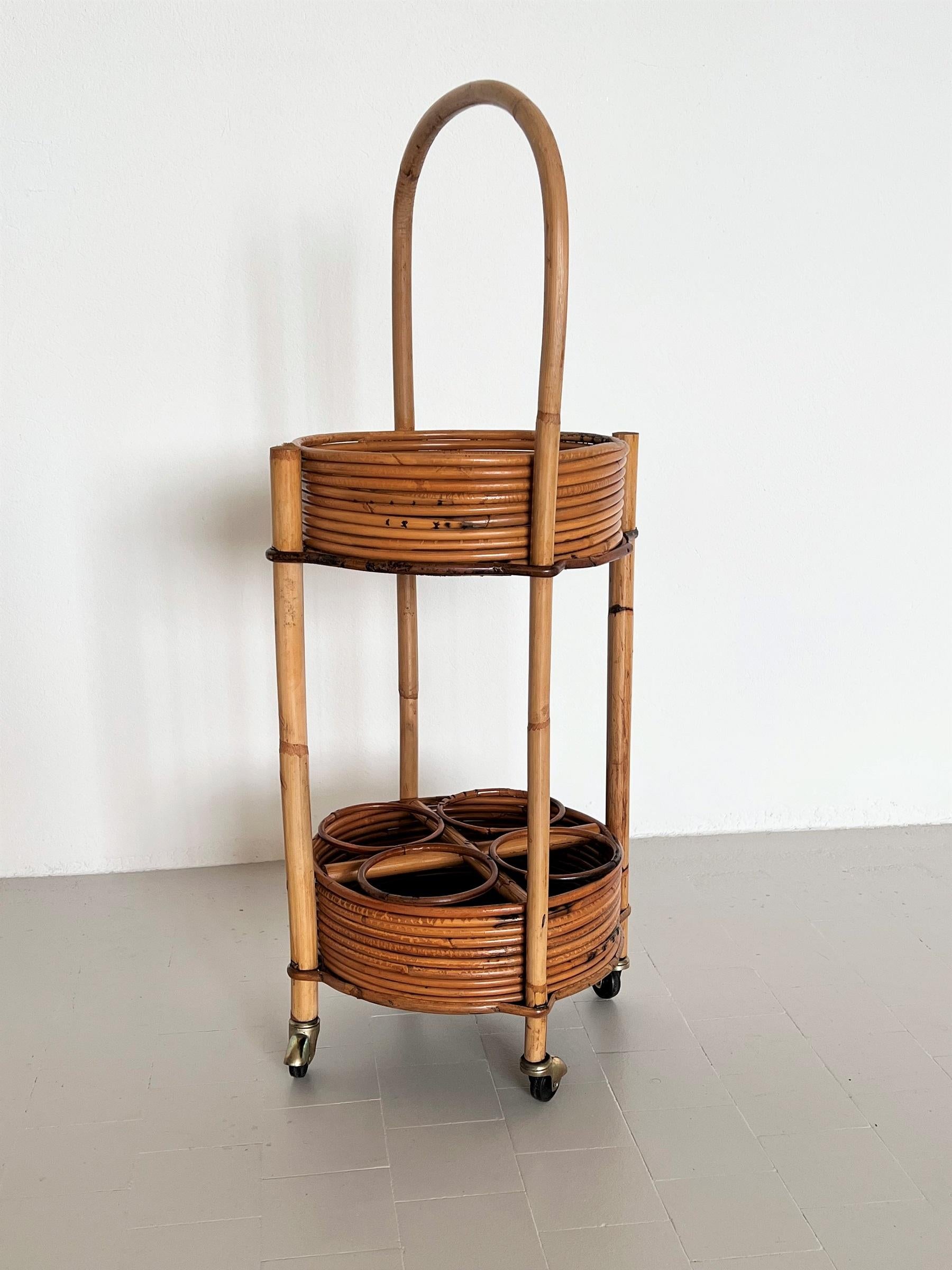 Italian Mid-Century Bamboo and Rattan Serving Bar Cart or Trolley, 1960 1