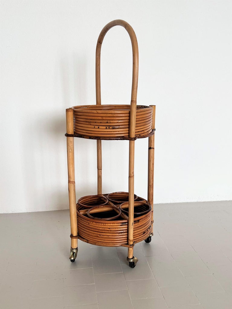 Italian Mid-Century Bamboo and Rattan Serving Bar Cart or Trolley, 1960 For Sale 1