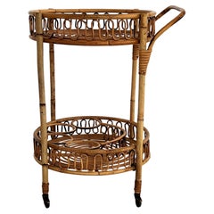 Italian Mid-Century Bamboo and Rattan Serving Bar Cart or Trolley, 1960