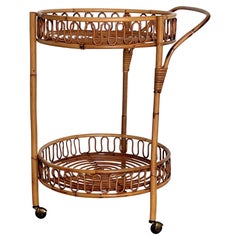 Italian Mid-Century Bamboo and Rattan Serving Bar Cart or Trolley, 1970