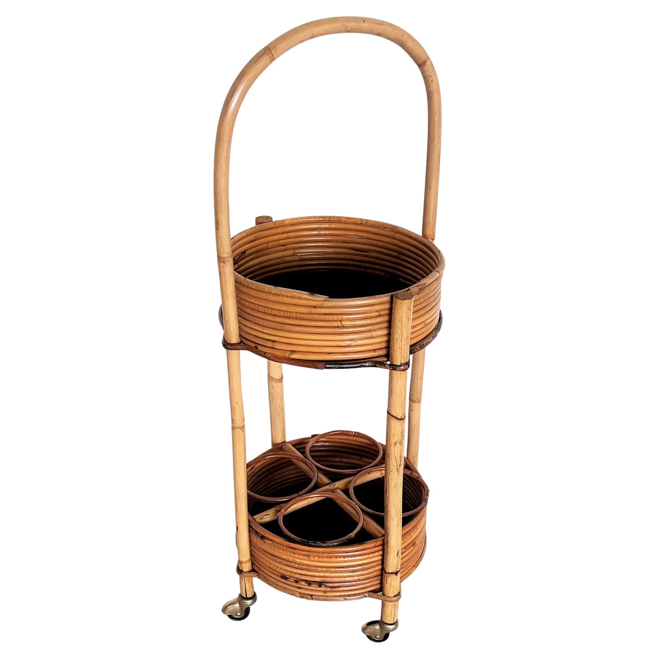 Italian Mid-Century Bamboo and Rattan Serving Bar Cart or Trolley, 1960