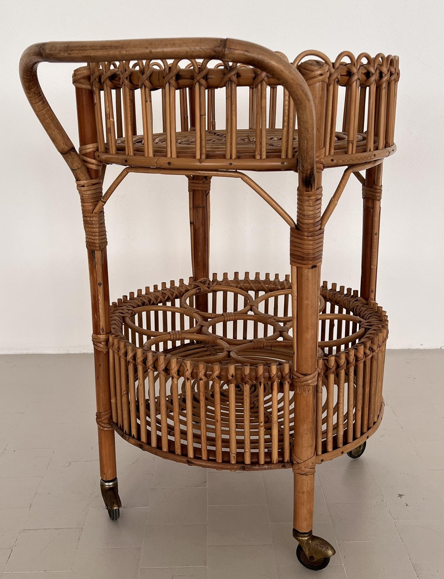Italian Mid-Century Bamboo and Rattan Serving Bar Cart or Trolley, 1970 For Sale 4
