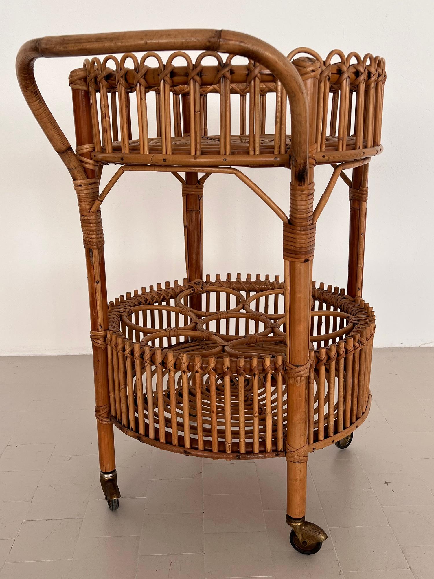 Italian Mid-Century Bamboo and Rattan Serving Bar Cart or Trolley, 1970 For Sale 5