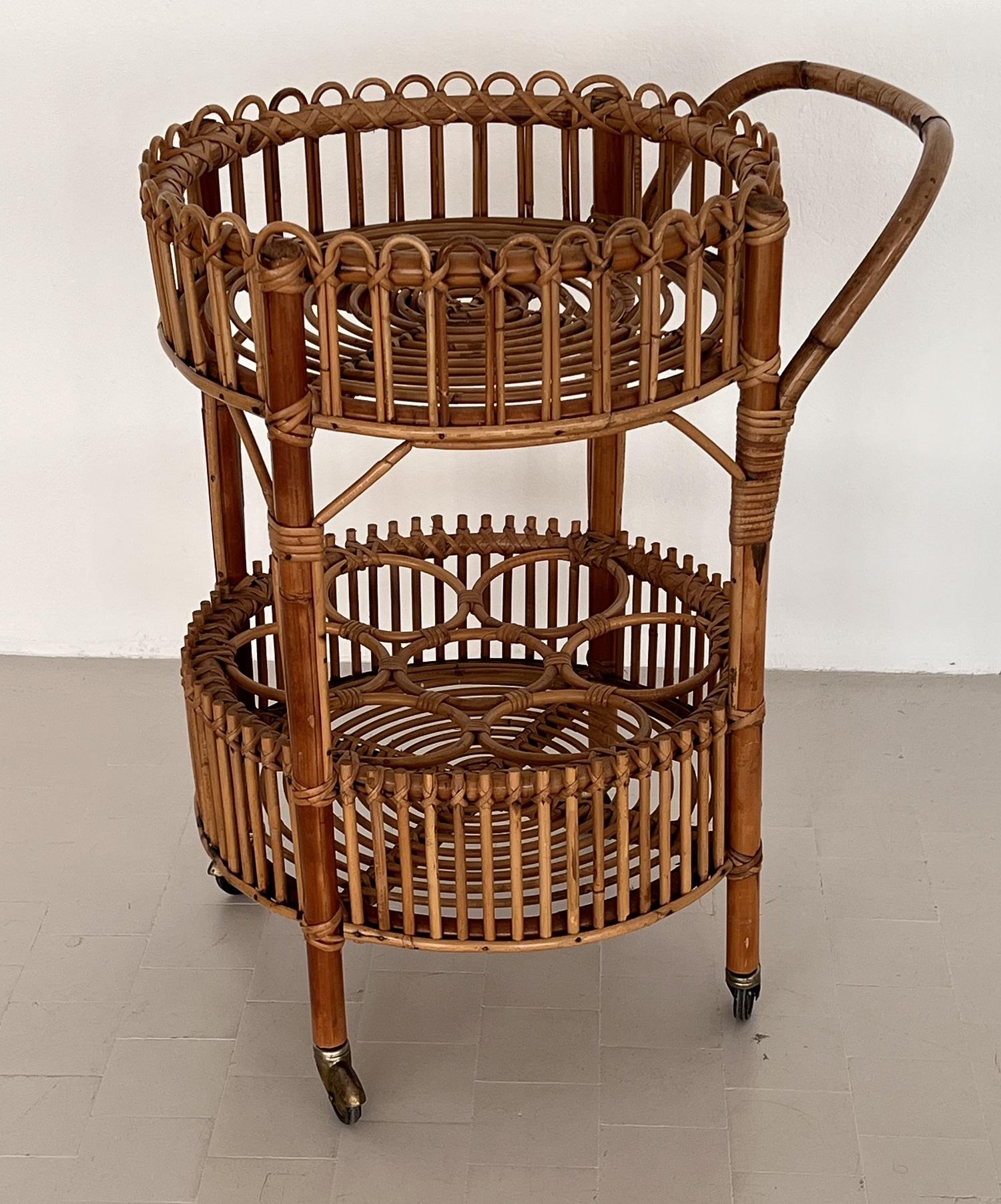 20th Century Italian Mid-Century Bamboo and Rattan Serving Bar Cart or Trolley, 1970 For Sale