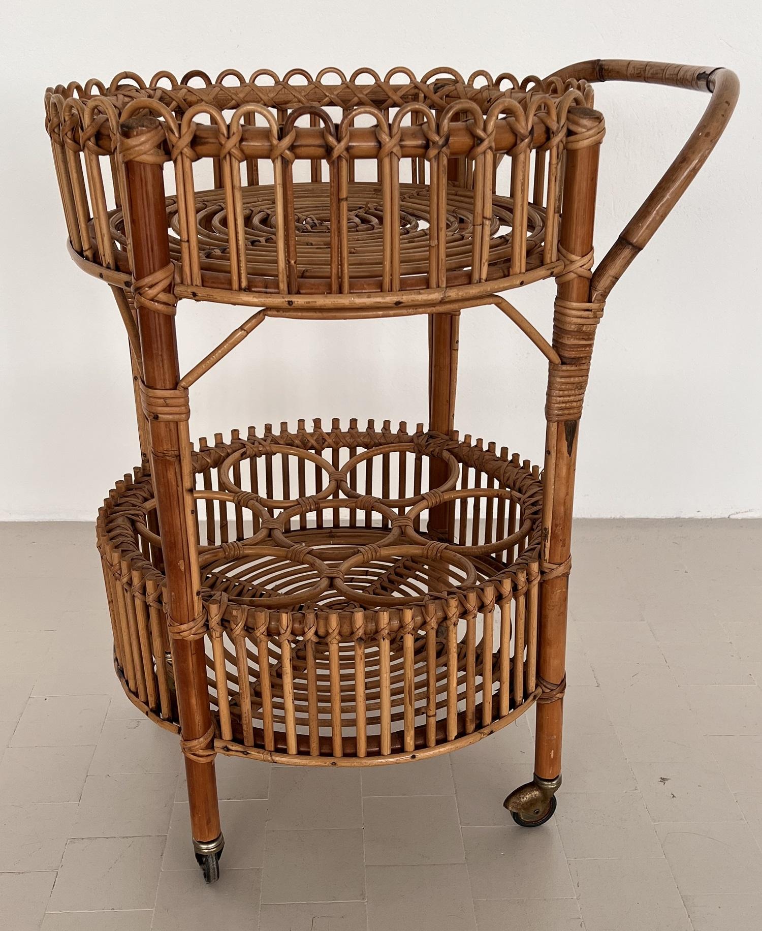 Italian Mid-Century Bamboo and Rattan Serving Bar Cart or Trolley, 1970 For Sale 1