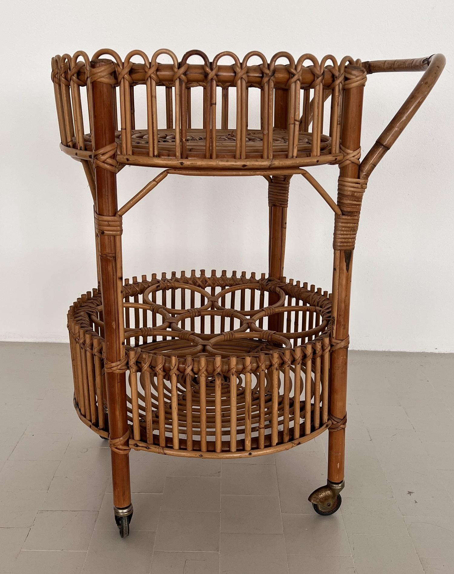 Italian Mid-Century Bamboo and Rattan Serving Bar Cart or Trolley, 1970 For Sale 3