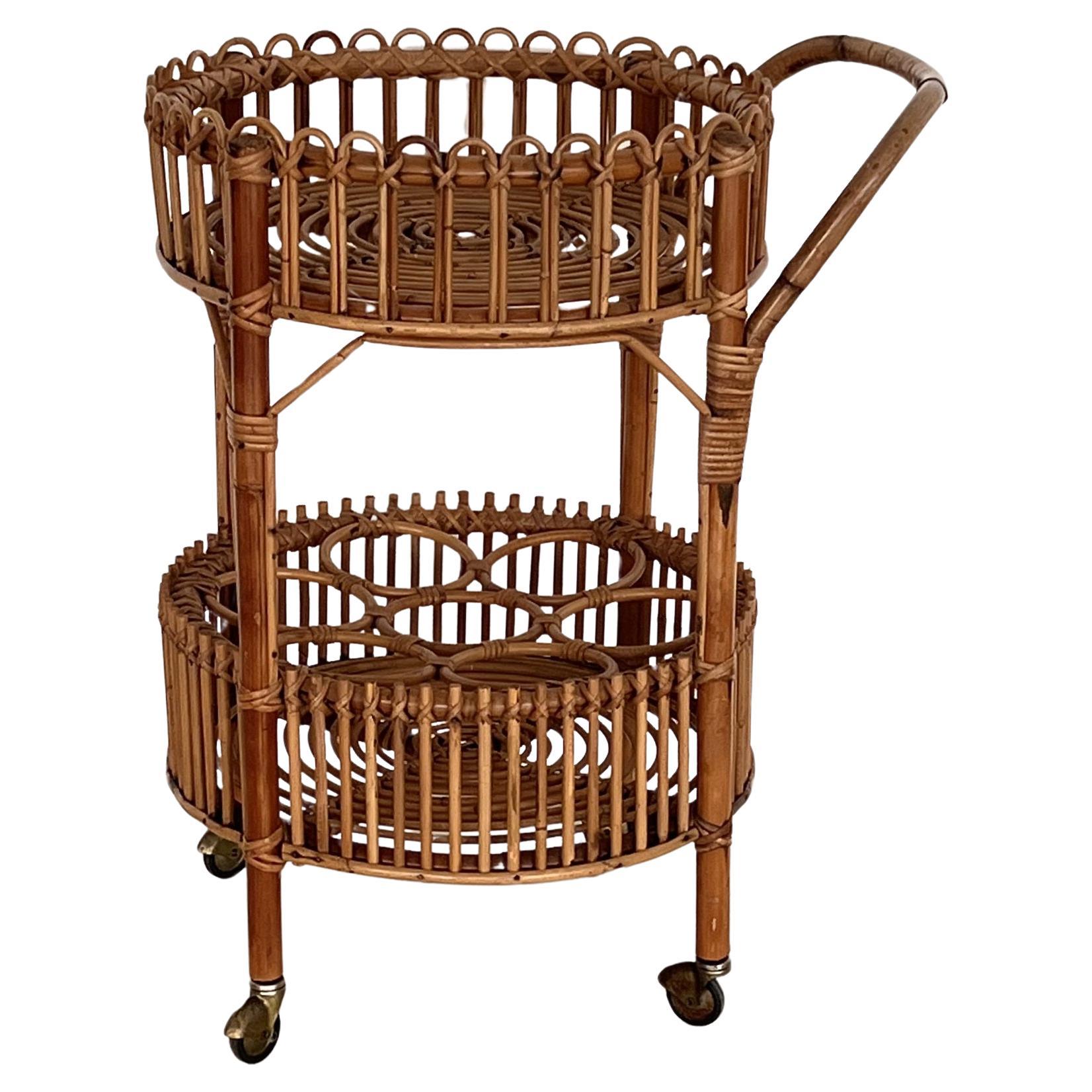Italian Mid-Century Bamboo and Rattan Serving Bar Cart or Trolley, 1970