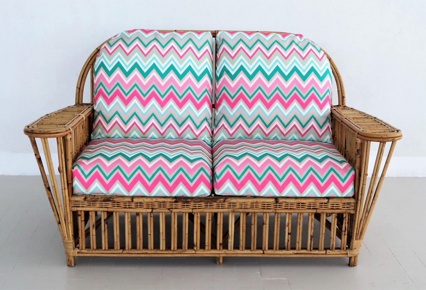 Mid-Century Modern Italian Mid-Century Bamboo and Rattan Sofa with new Upholstery, 1970s For Sale