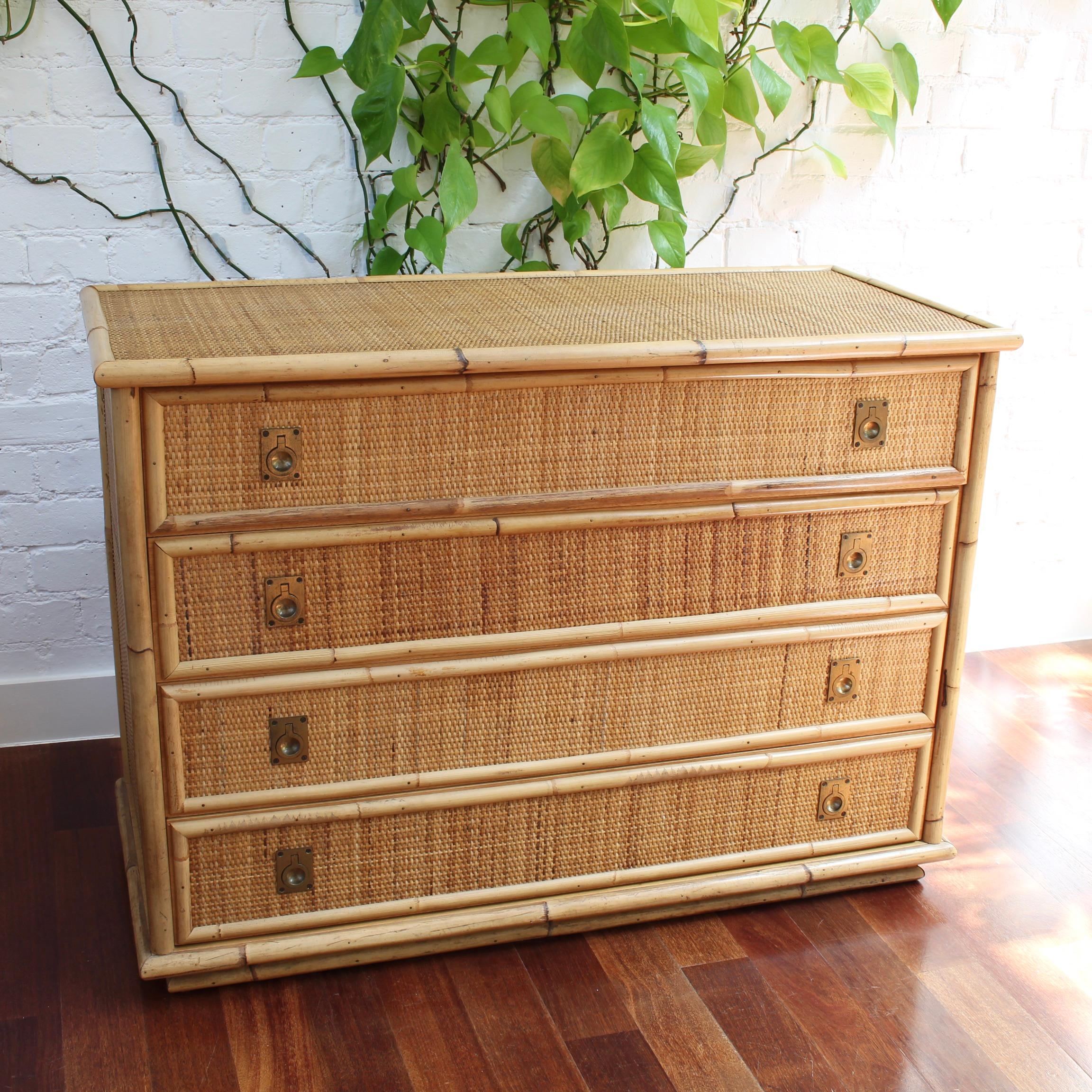 Bamboo and wicker credenza from Italian maker, Dal Vera (circa 1960s). Elegant piece with four spacious drawers and smart brass fittings. San Remo, Monte Carlo, Nice and Cannes come to mind as this distinctive furniture transports one to the glamour