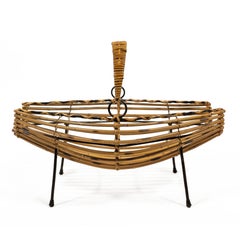 Italian Mid-Century Bamboo Rattan Iron Magazine Rack or Basket, Italy 1950