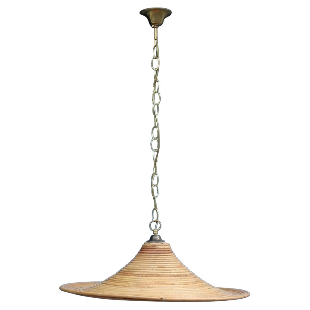 Lampadario rotondo in bambù del Mid Century Italiano Catena in ottone dorato 1950n