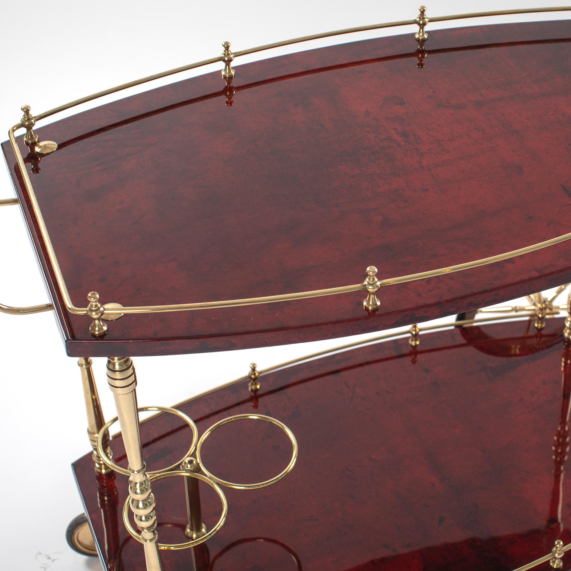 Hand-Crafted Italian Mid-Century Bar Cart in Dark Red Goatskin and Brass by Aldo Tura 1970s For Sale
