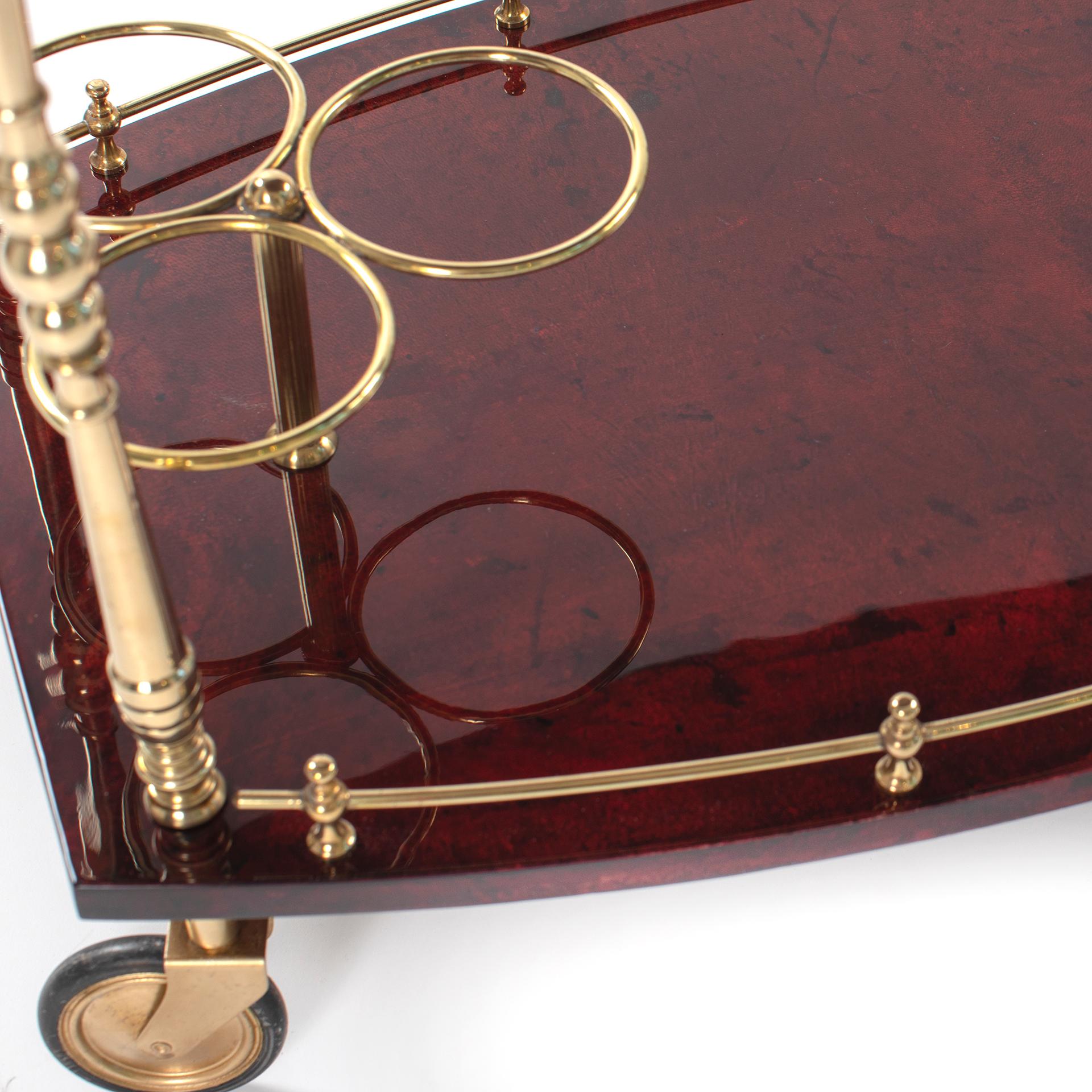 Late 20th Century Italian Mid-Century Bar Cart in Dark Red Goatskin and Brass by Aldo Tura 1970s For Sale