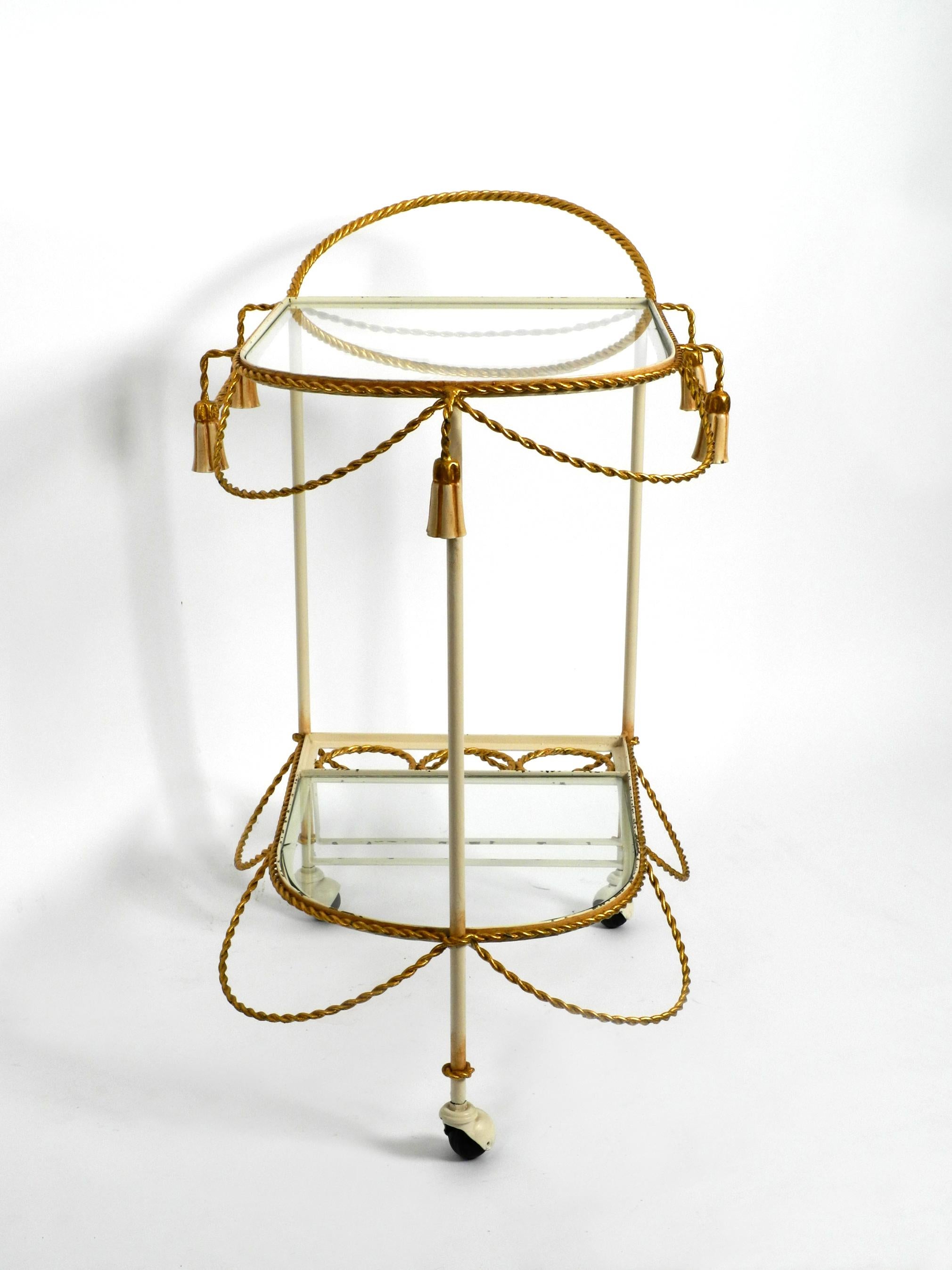Italian Midcentury Bar Cart Made of Metal in Beige and Gold with Glass Elements For Sale 6