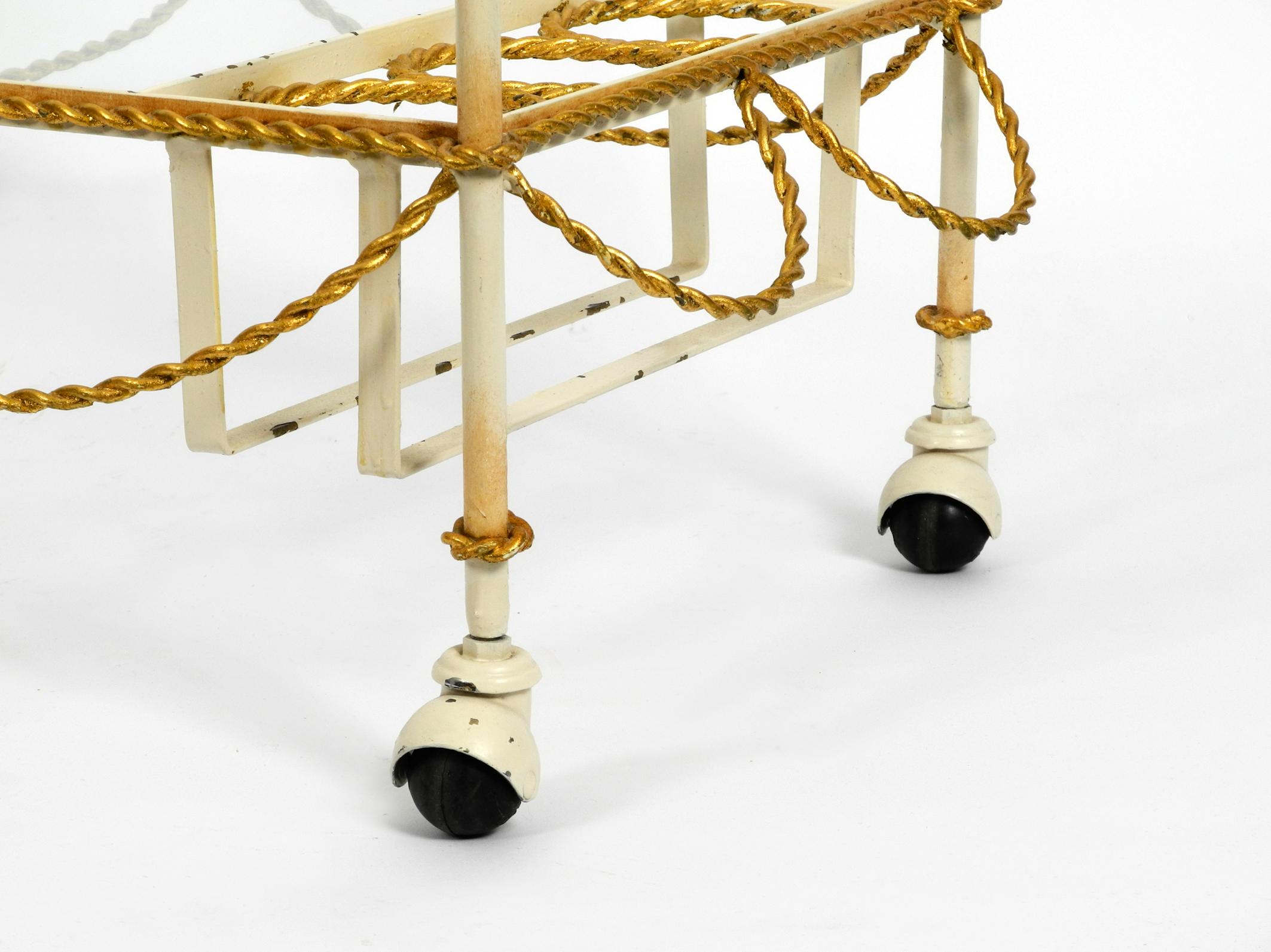 Italian Midcentury Bar Cart Made of Metal in Beige and Gold with Glass Elements For Sale 10