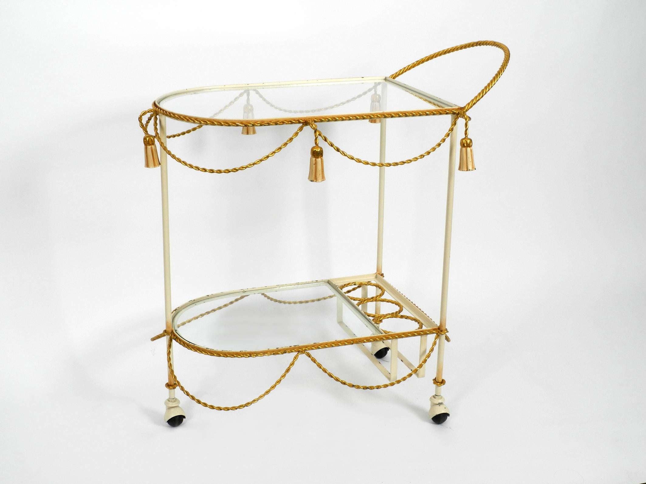 Italian Midcentury Bar Cart Made of Metal in Beige and Gold with Glass Elements For Sale 15