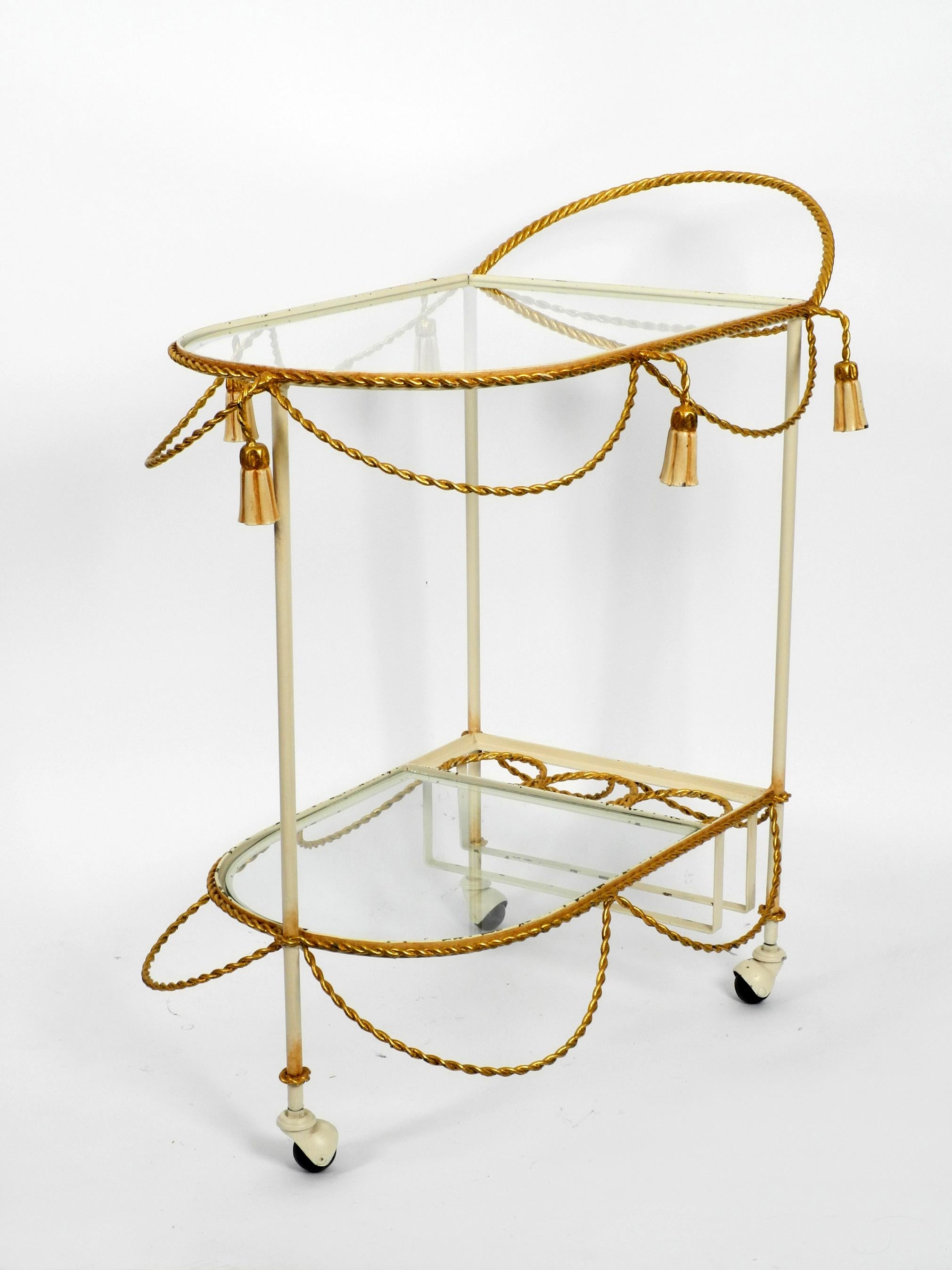 Hollywood Regency Italian Midcentury Bar Cart Made of Metal in Beige and Gold with Glass Elements For Sale