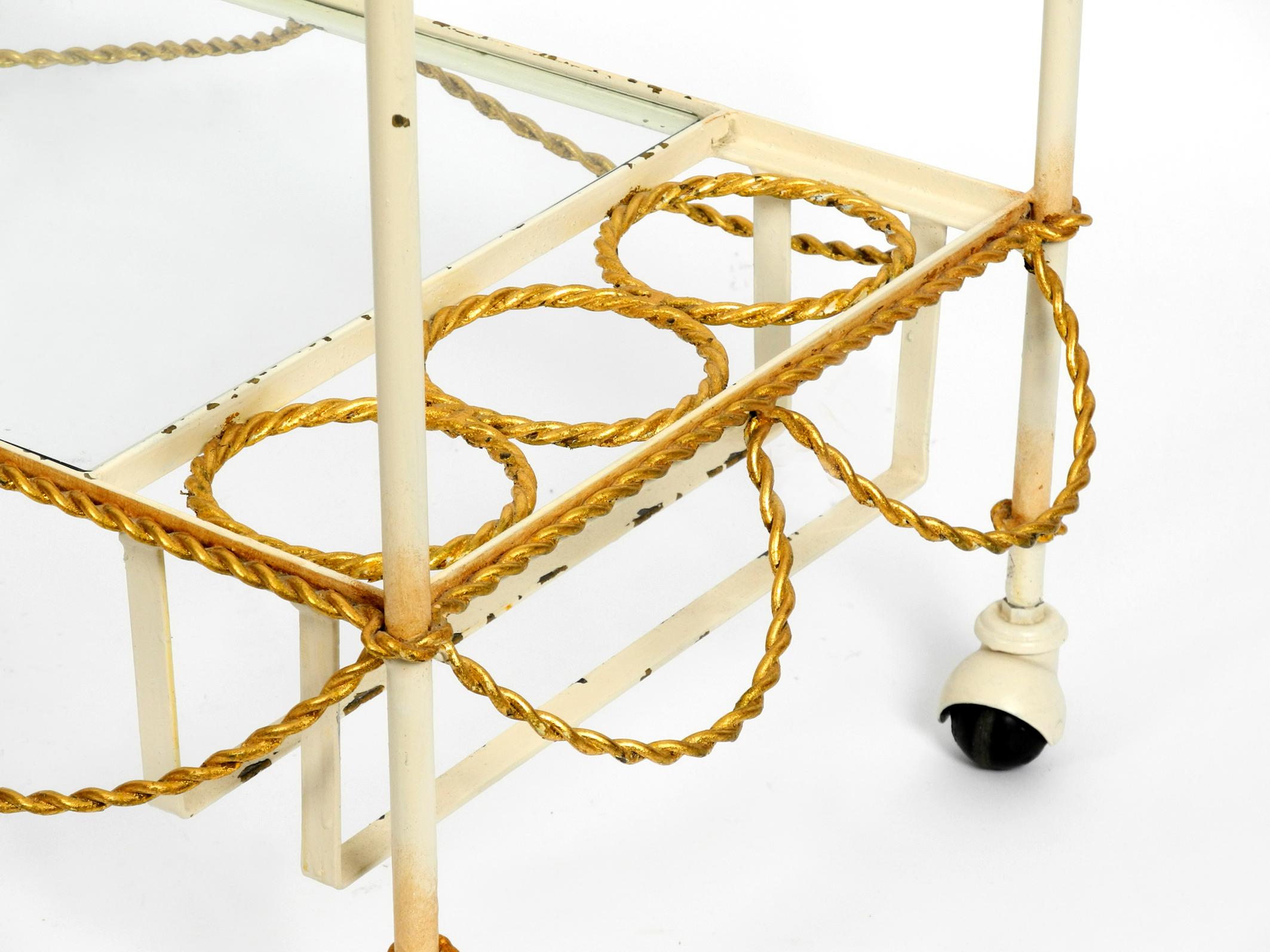 Italian Midcentury Bar Cart Made of Metal in Beige and Gold with Glass Elements For Sale 3