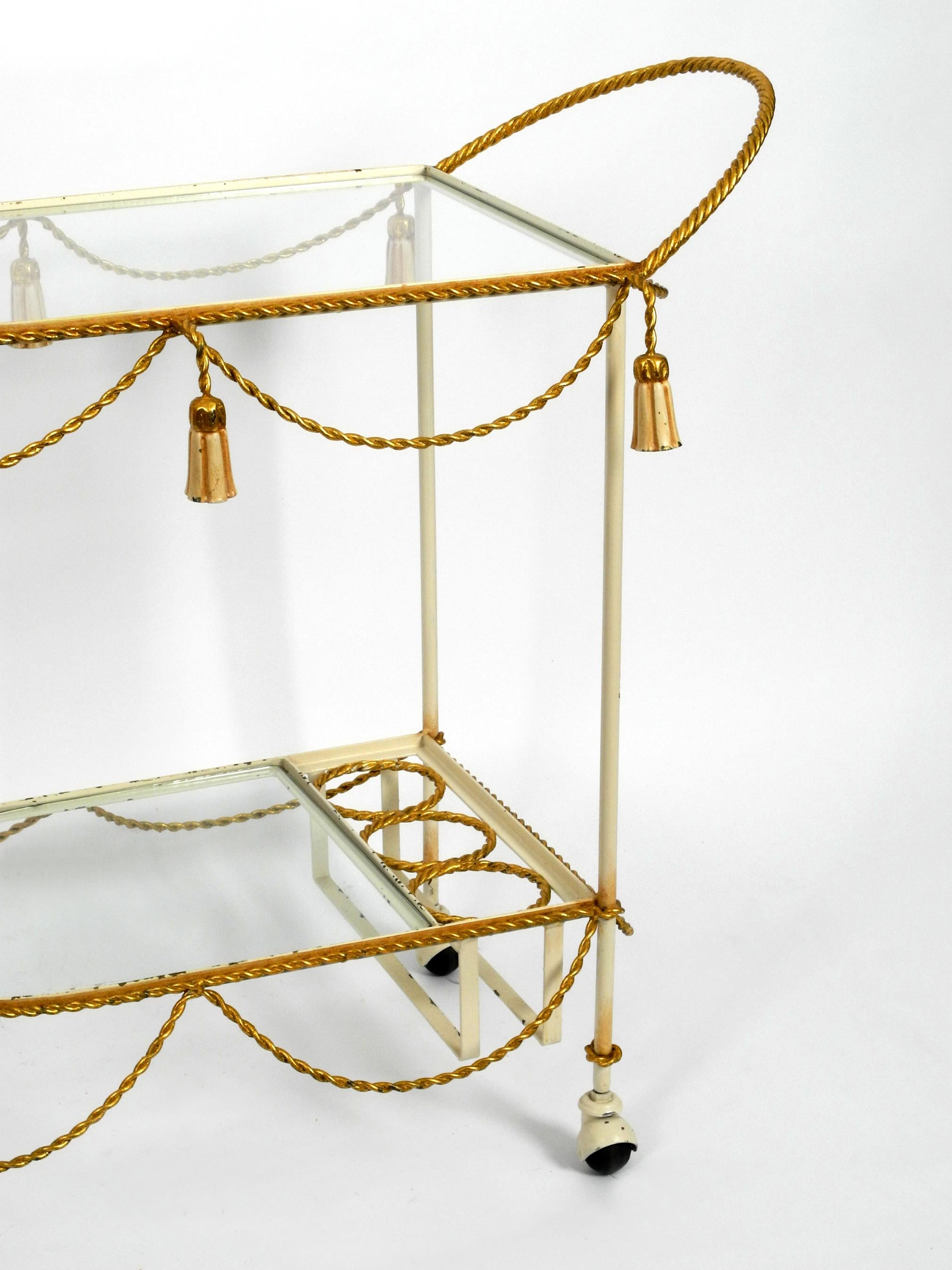 Italian Midcentury Bar Cart Made of Metal in Beige and Gold with Glass Elements For Sale 4