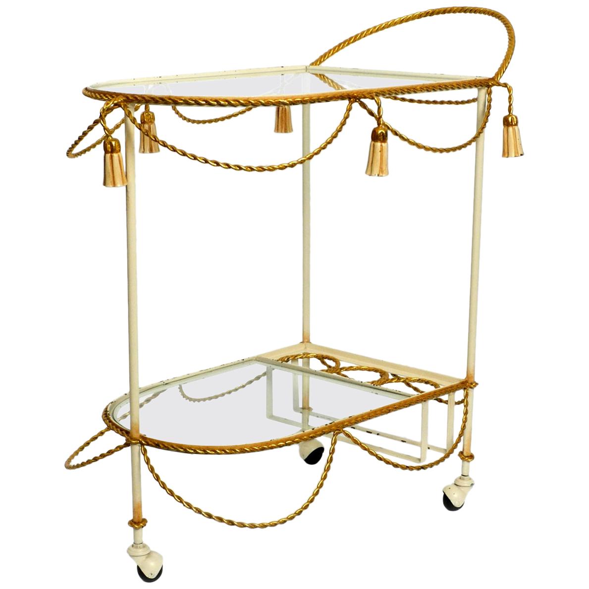 Italian Midcentury Bar Cart Made of Metal in Beige and Gold with Glass Elements For Sale