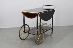 Italian Mid Century Bar Cart with Folding Leaves, Brass and Wood