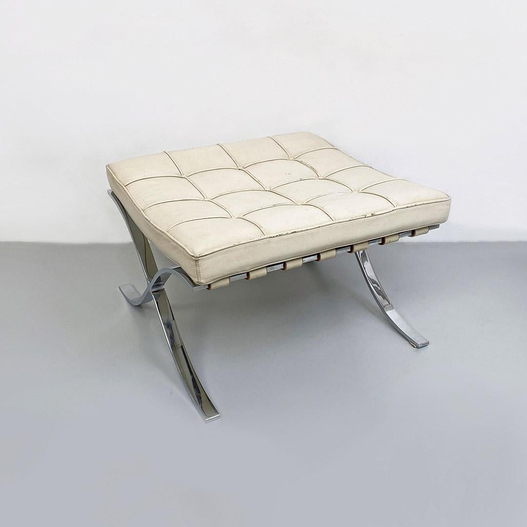 Italian Mid-Century Modern white leather Barcelona pouf or footrest by Mies Van Der Rohe for Knoll, 1970s.
Pouf or footrest mod. Barcelona with polyurethane foam seat covered in white leather, structure in polished stainless steel and elastic straps