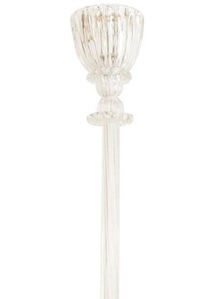 Italian mid-century (1940s) clear glass chandelier with 3 flat fluted design arms supporting large flared fluted shades and having a finial bottom. (BAROVIER ET TOSO).
  