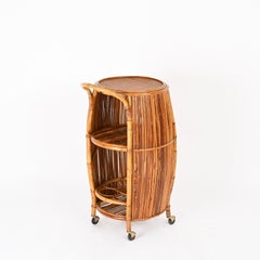 Italian Mid-Century Barrel-Shaped Bar Cart in Rattan and Bamboo, Italy, 1960s