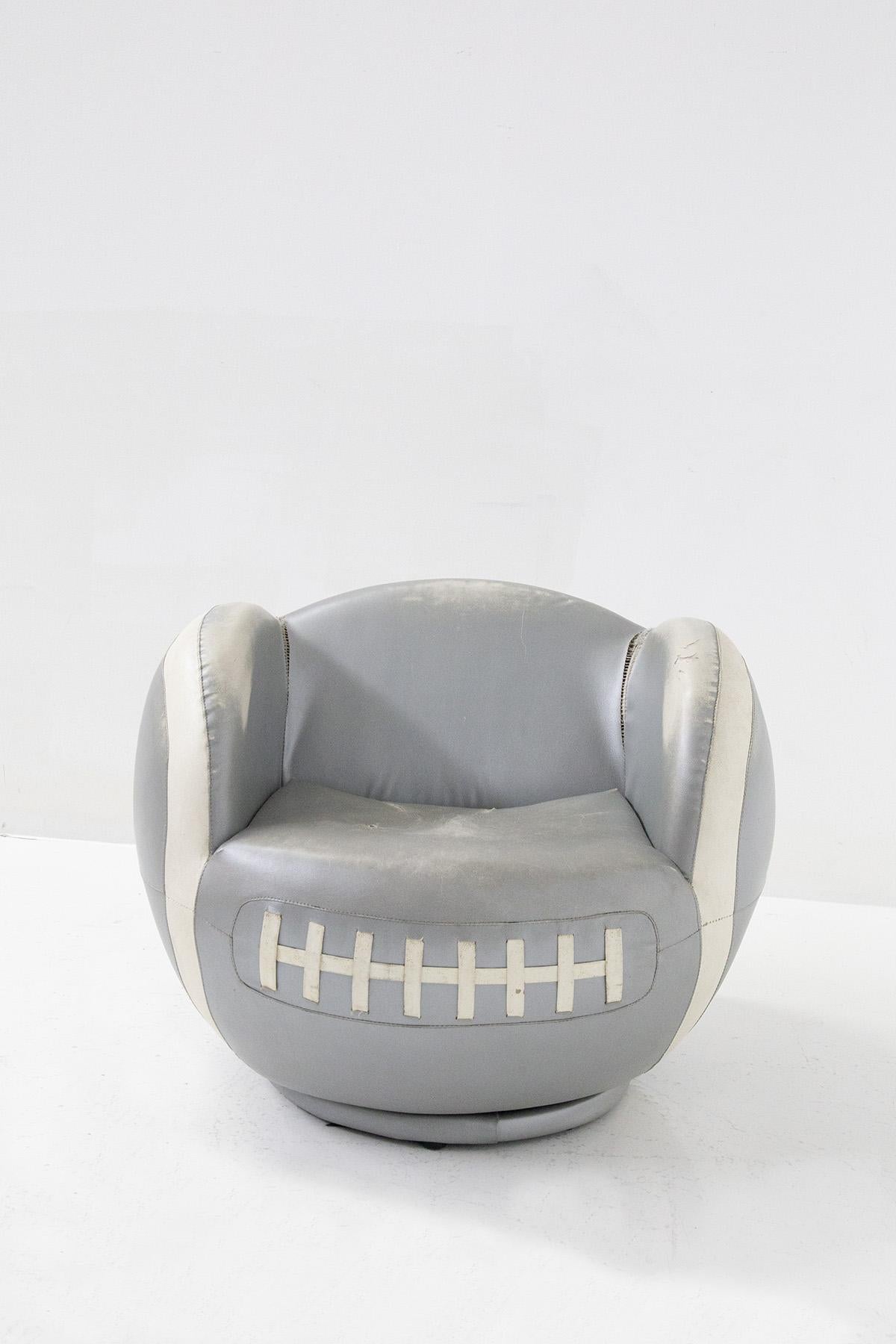 Leather Italian Mid-Century Baseball Armchair and Footstool For Sale