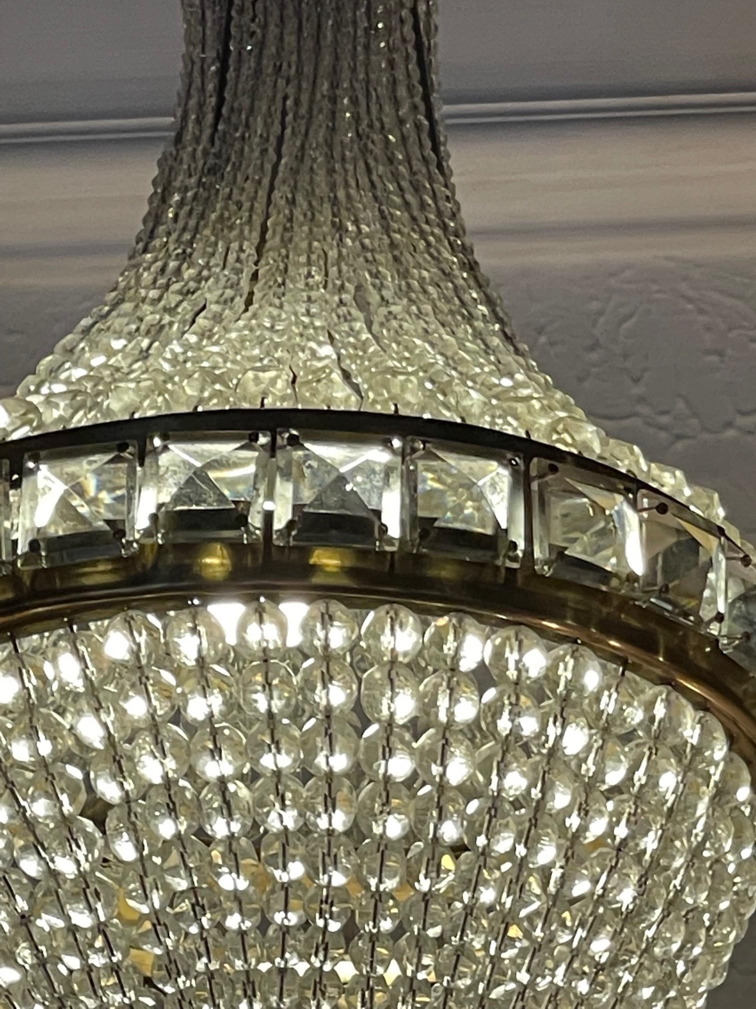 Italian Mid Century Beaded Crystal and Brass Pendant Light For Sale 1
