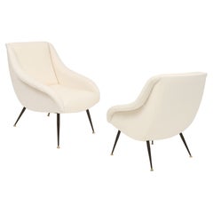 Italian Mid Century Beautiful White Pair Chairs with Brass Details, 1960's