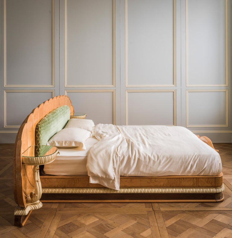 Mid Century Italian Bed in the Art Deco Style Made in a Burr Elm Wood