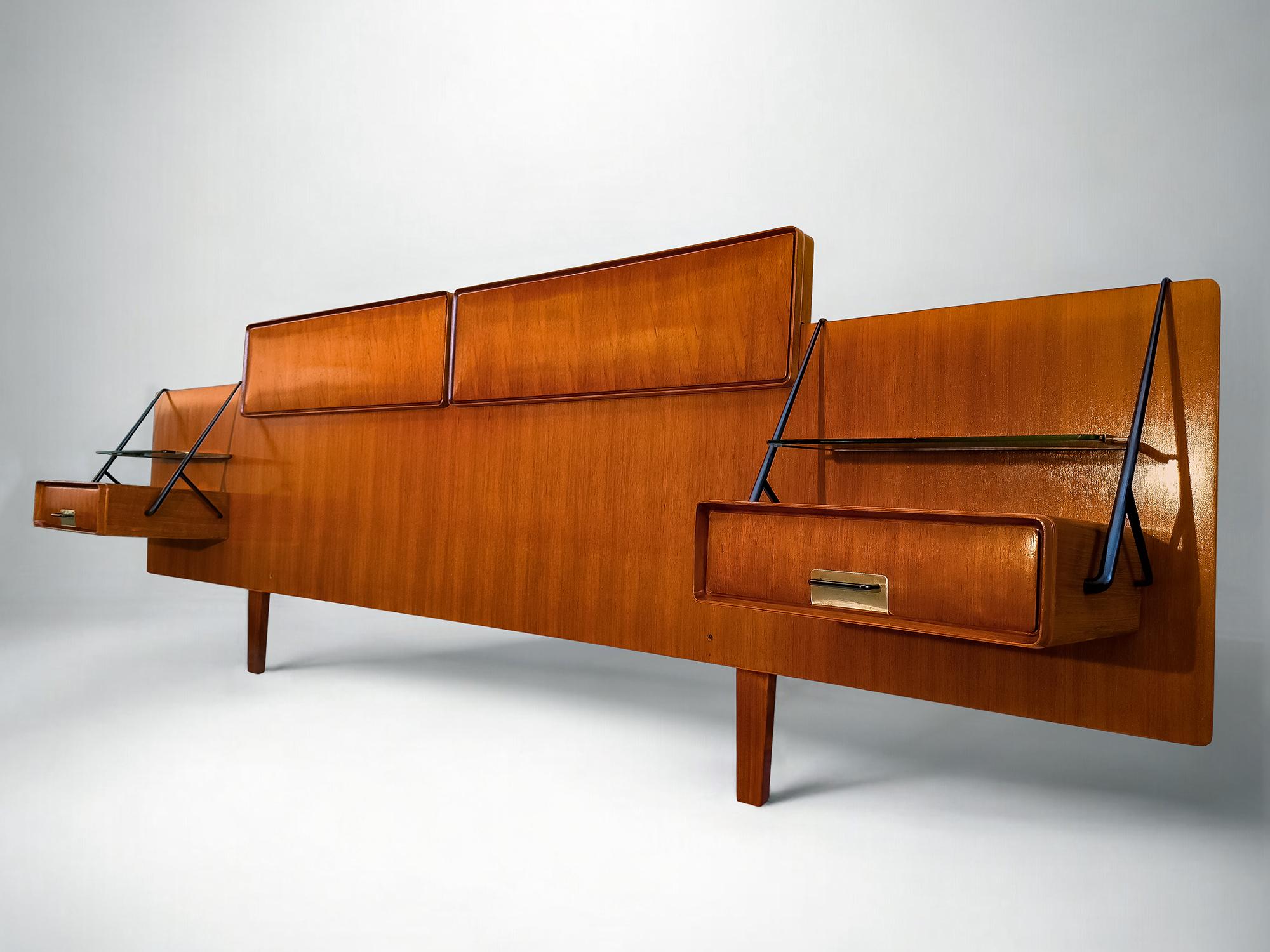 Mid-Century Modern Italian Mid-Century Bed Headboard with Nightstands by Silvio Cavatorta, 1950s