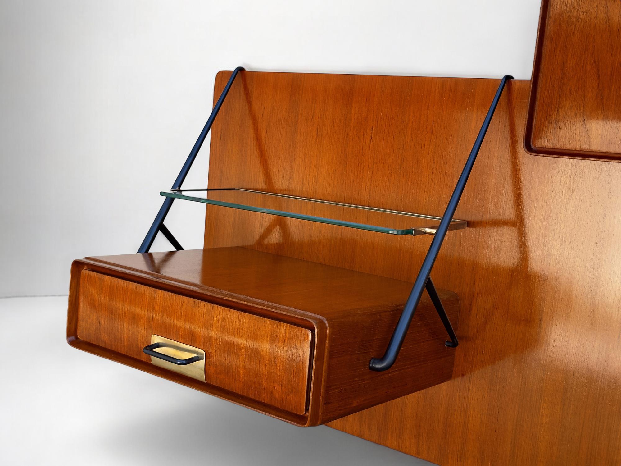 Brass Italian Mid-Century Bed Headboard with Nightstands by Silvio Cavatorta, 1950s