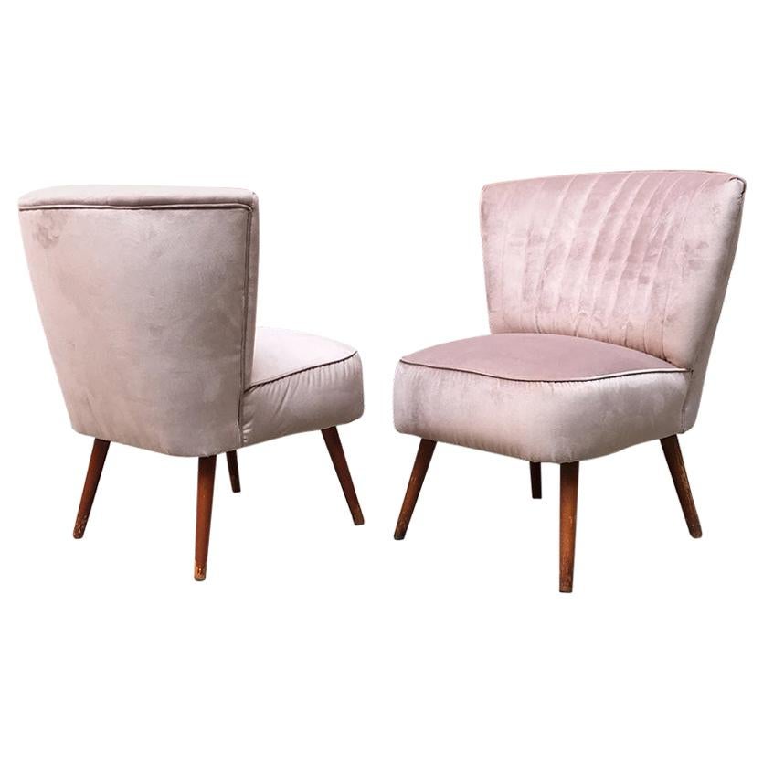 Italian Midcentury Beech and Powder-Colored Velvet Cocktail Chairs, 1960s