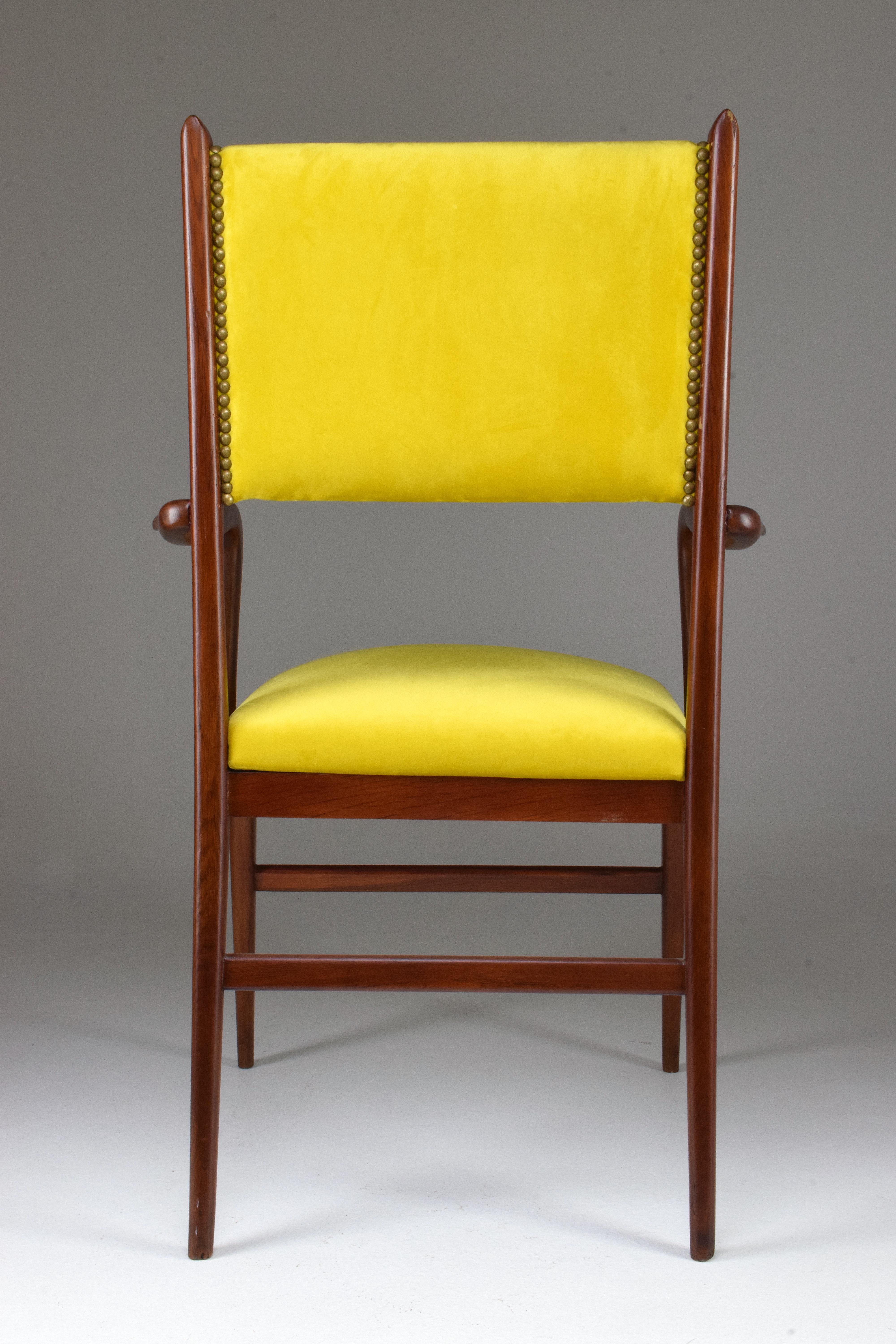 Velvet Italian Midcentury Beechwood Armchair, 1950s For Sale