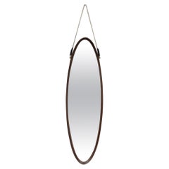 Italian Mid-Century Bent Teak Long Oval Mirror with Rope Strap