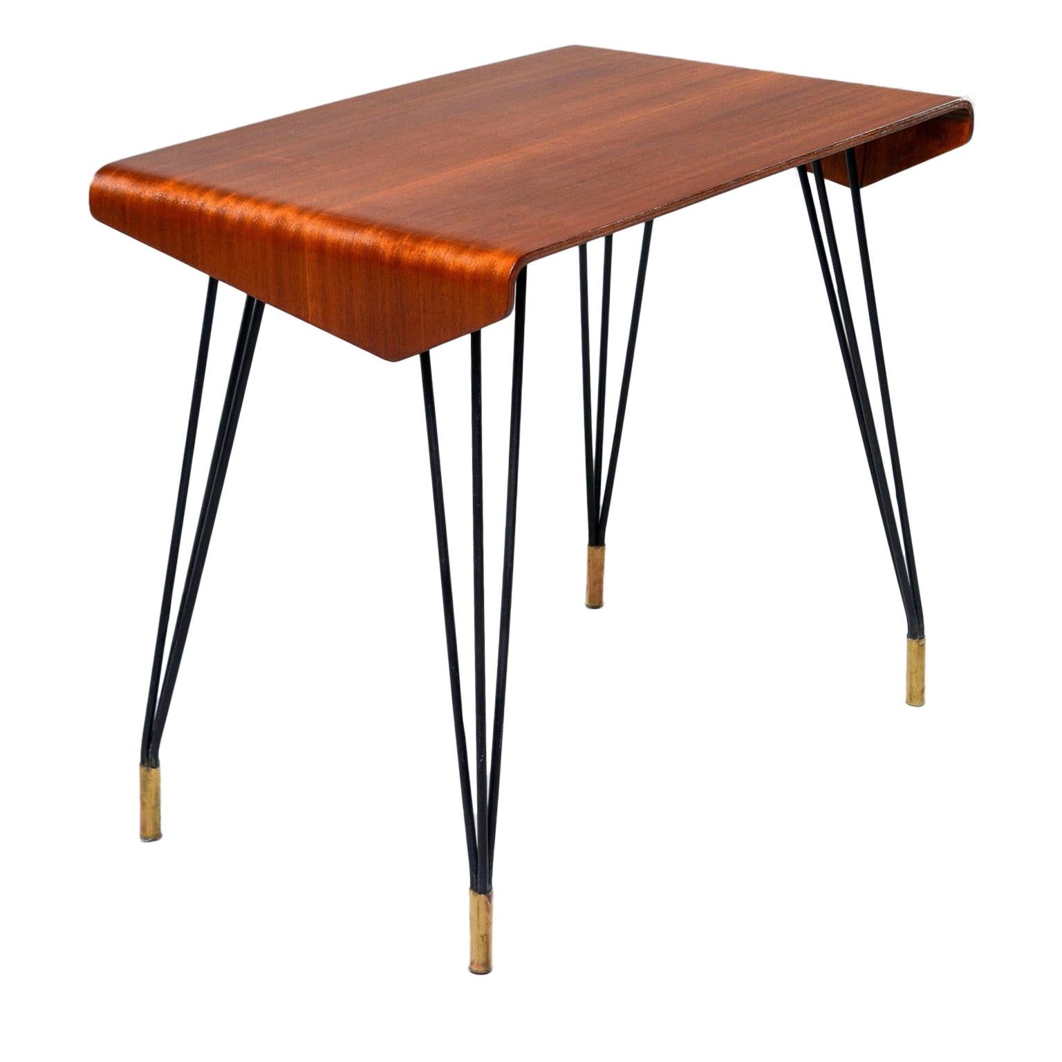 Italian Midcentury Bent Wood Table with Iron Legs and Brass Feet