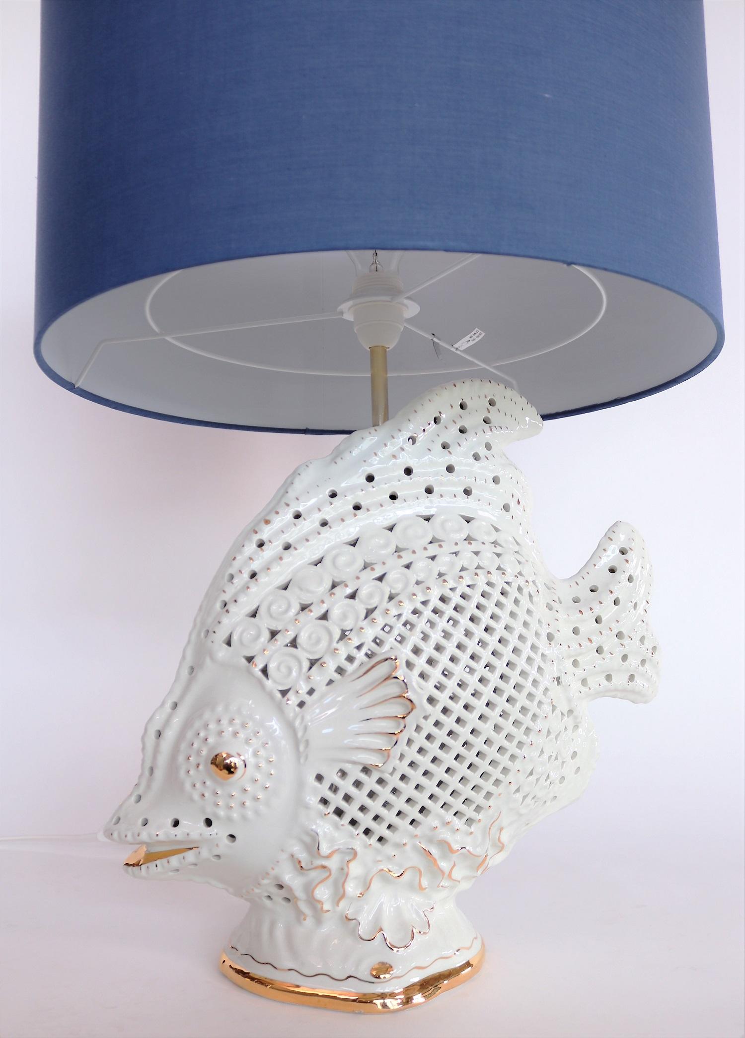 Fabric Italian Midcentury Big Ceramic Fish Lamp with Brass Details, 1960s For Sale