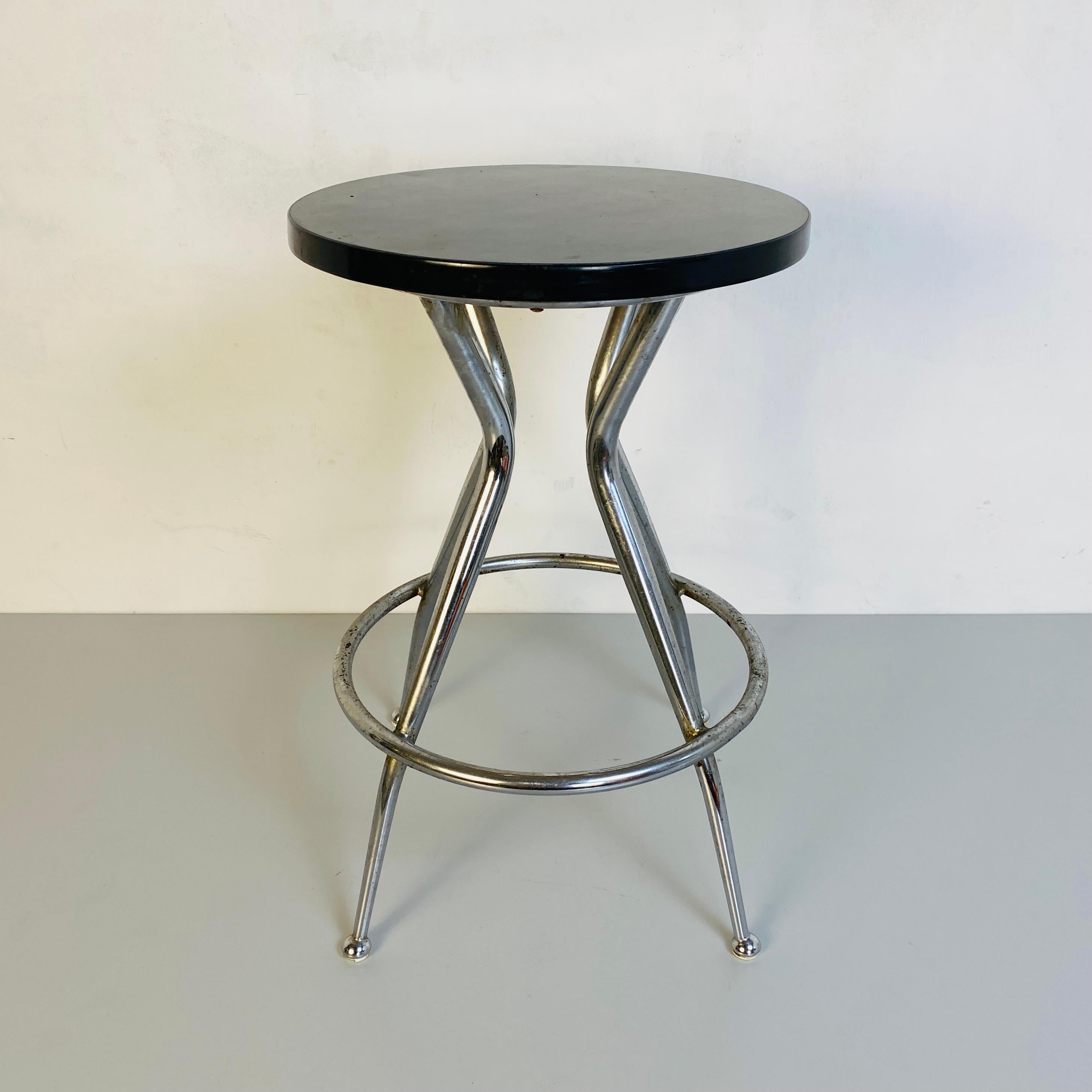 Italian Mid-Century Black and Chromed Stool, 1950s In Good Condition For Sale In MIlano, IT