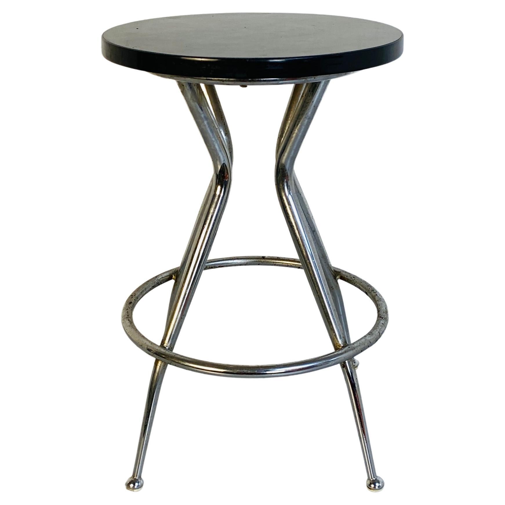 Italian Mid-Century Black and Chromed Stool, 1950s For Sale