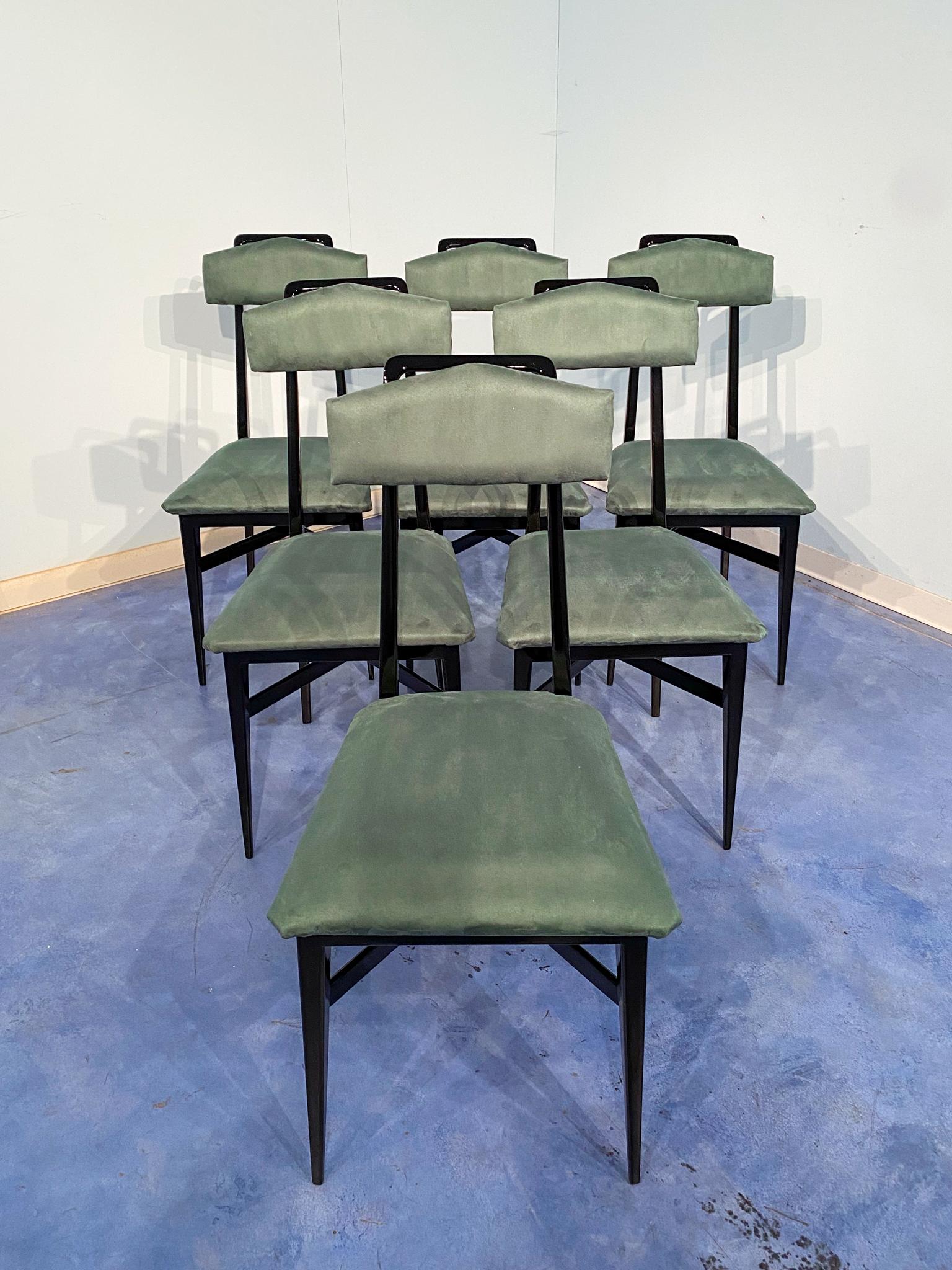 Chaises de salle à manger italiennes du milieu du siècle dernier de couleur noire et verte, ensemble de six, années 1950 Excellent état - En vente à Traversetolo, IT