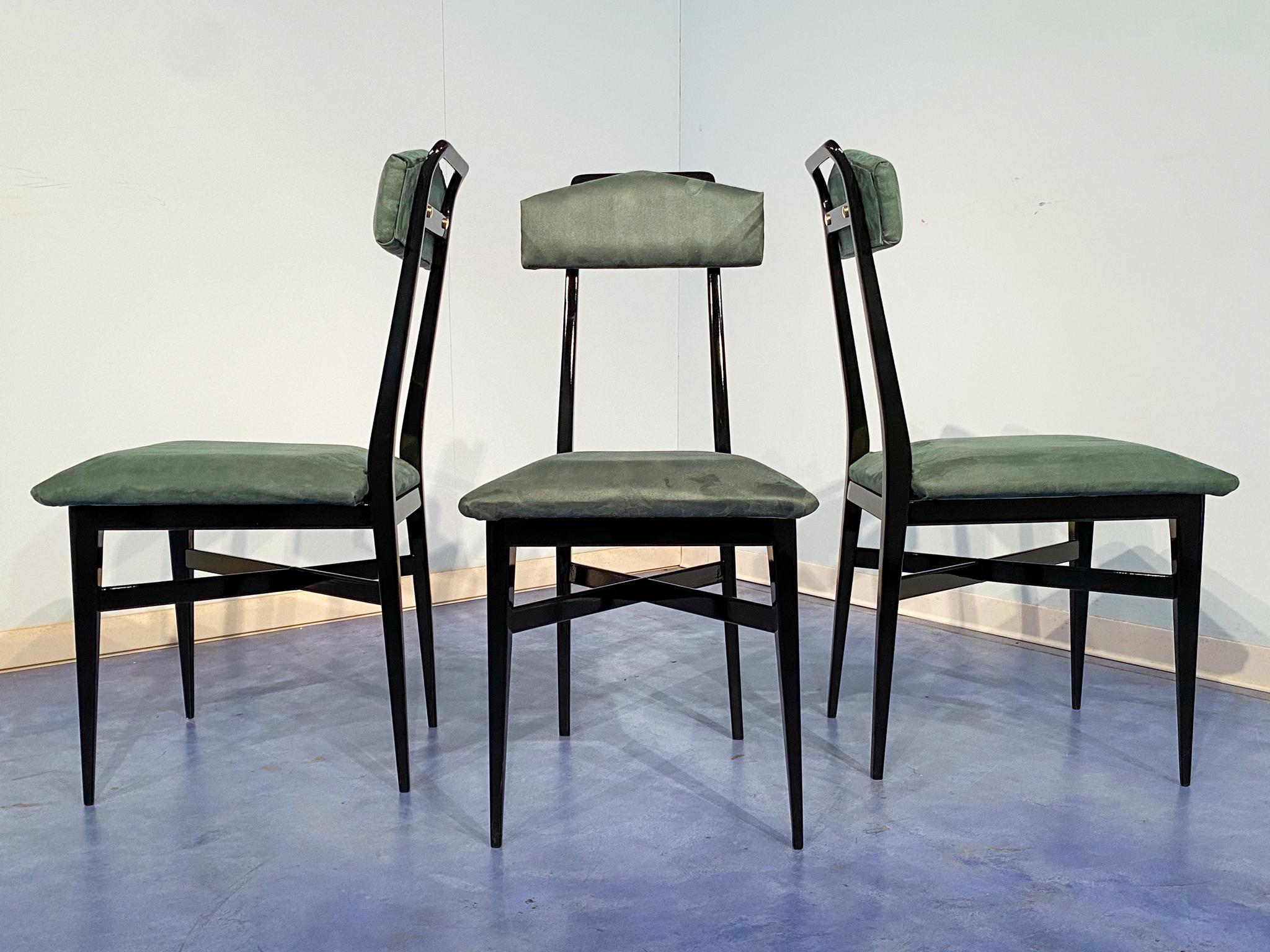 Walnut Italian Mid-Century Black and Green Color Dining Chairs, Set of Six, 1950s For Sale