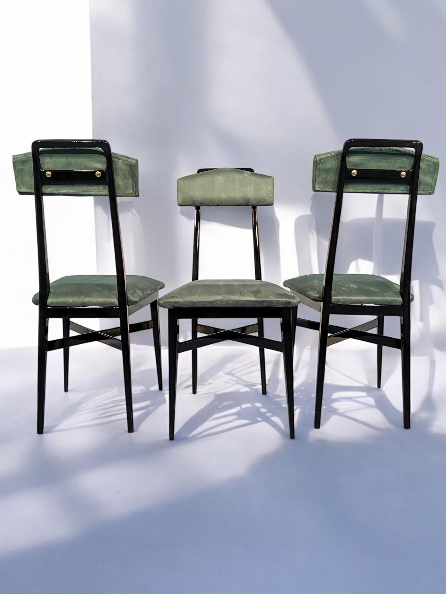 Walnut Italian Mid-Century Black and Green Color Dining Chairs, Set of Six, 1950s For Sale