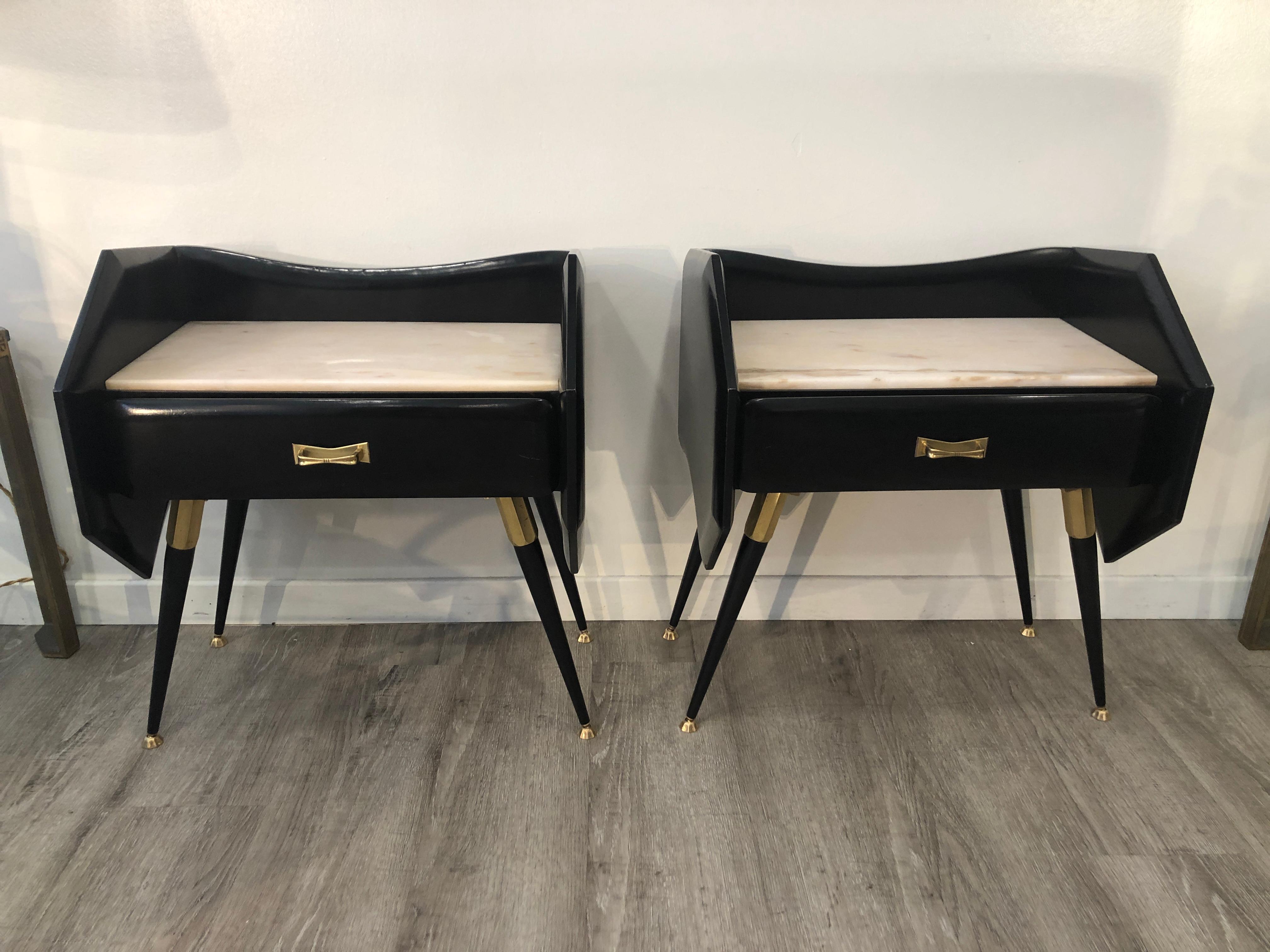 Italian Mid Century Black Bedside Tables with Marble Top and Brass Details 6