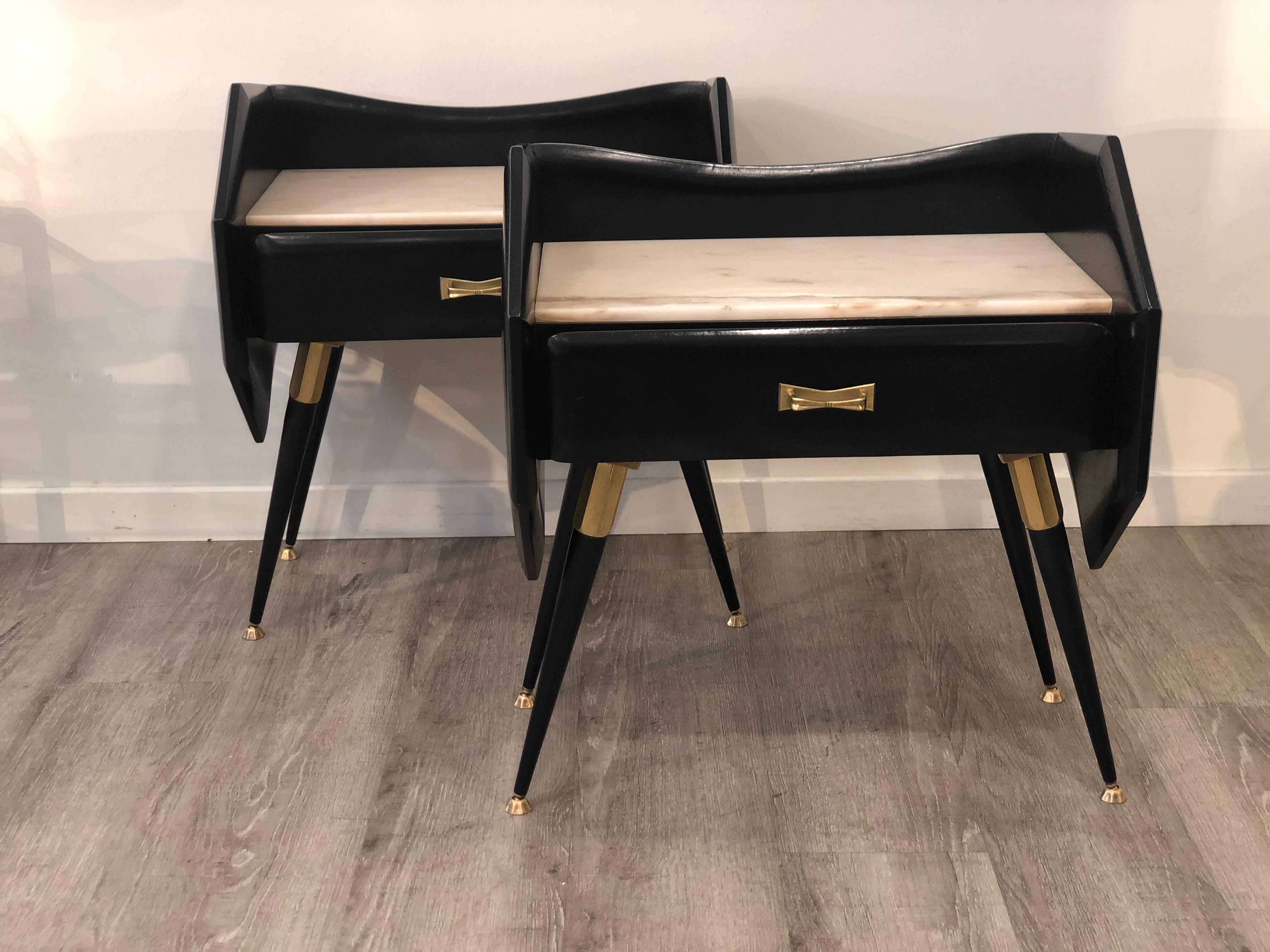 Italian Mid Century Black Bedside Tables with Marble Top and Brass Details 7