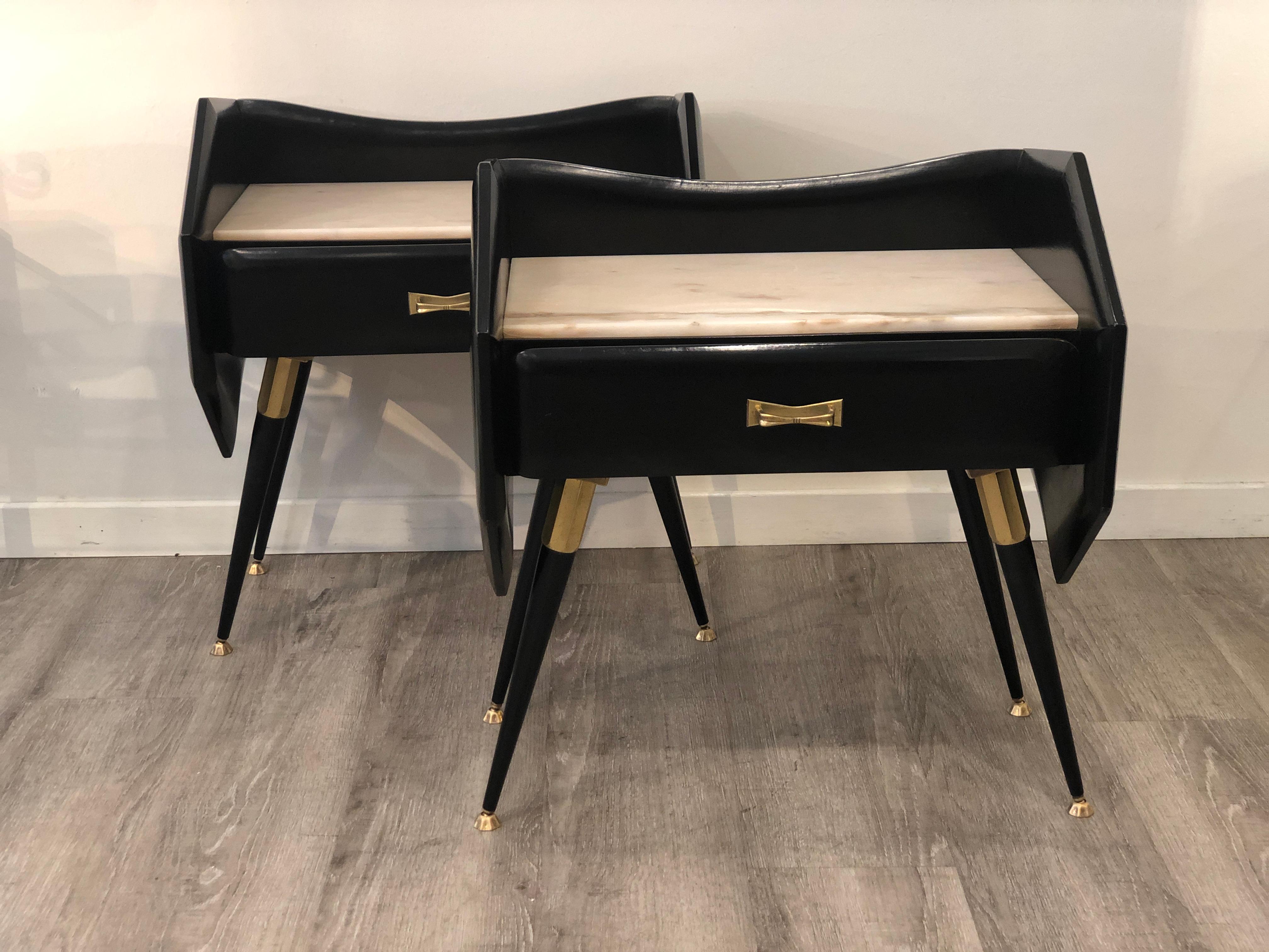 Italian Mid Century Black Bedside Tables with Marble Top and Brass Details 8