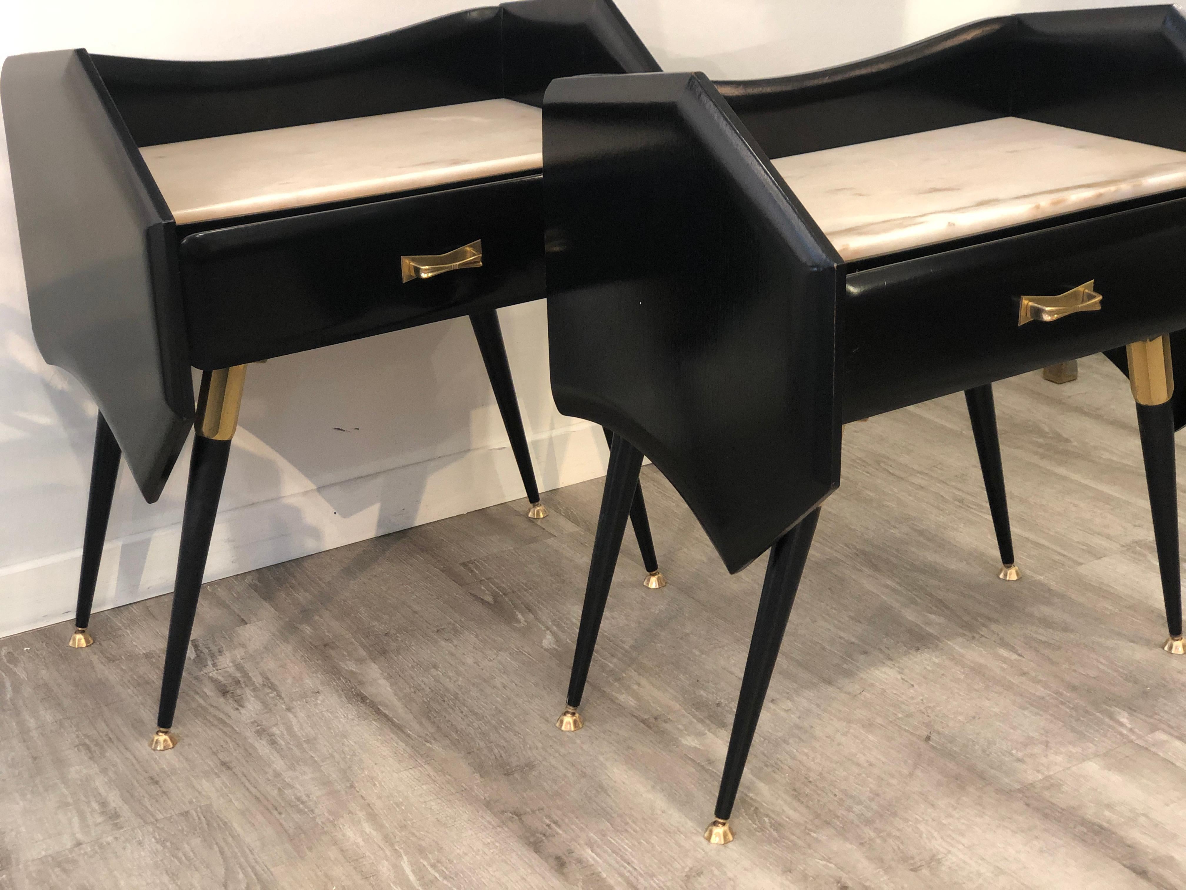 Italian Mid Century Black Bedside Tables with Marble Top and Brass Details 10