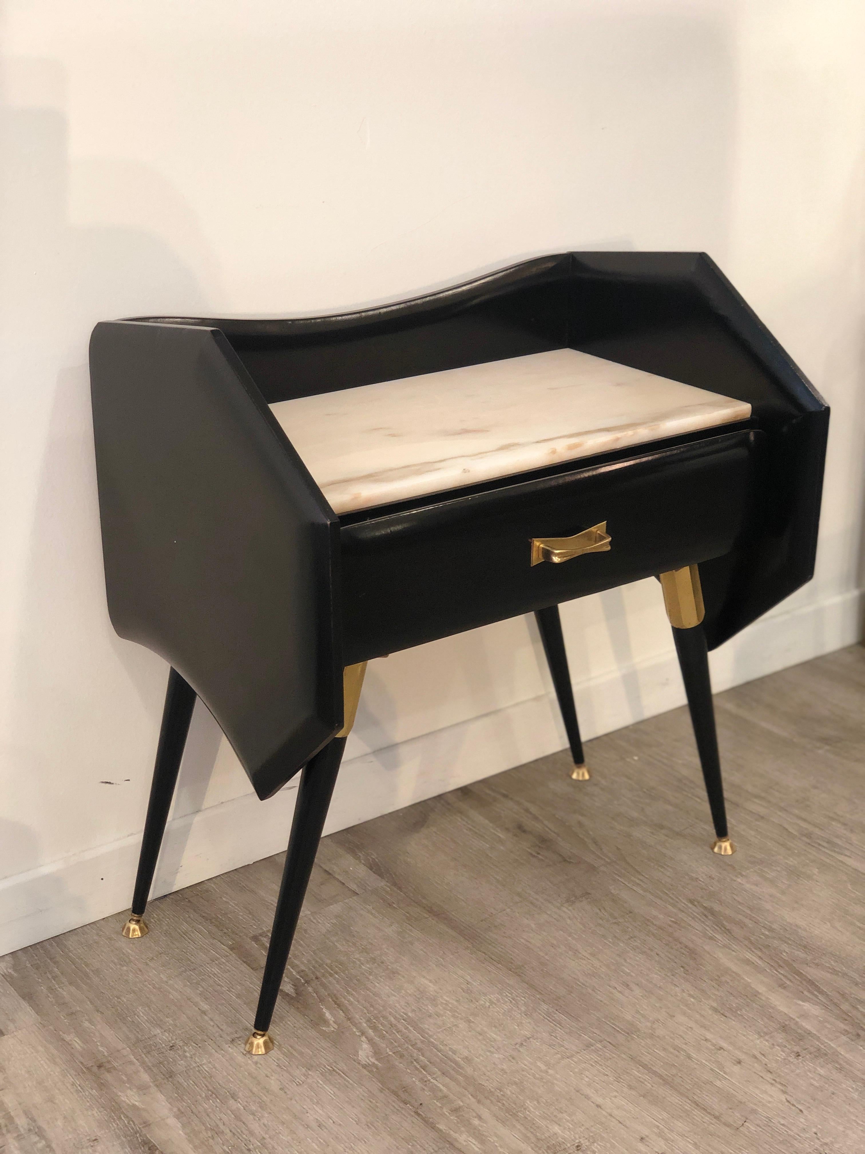 Mid-Century Modern Italian Mid Century Black Bedside Tables with Marble Top and Brass Details