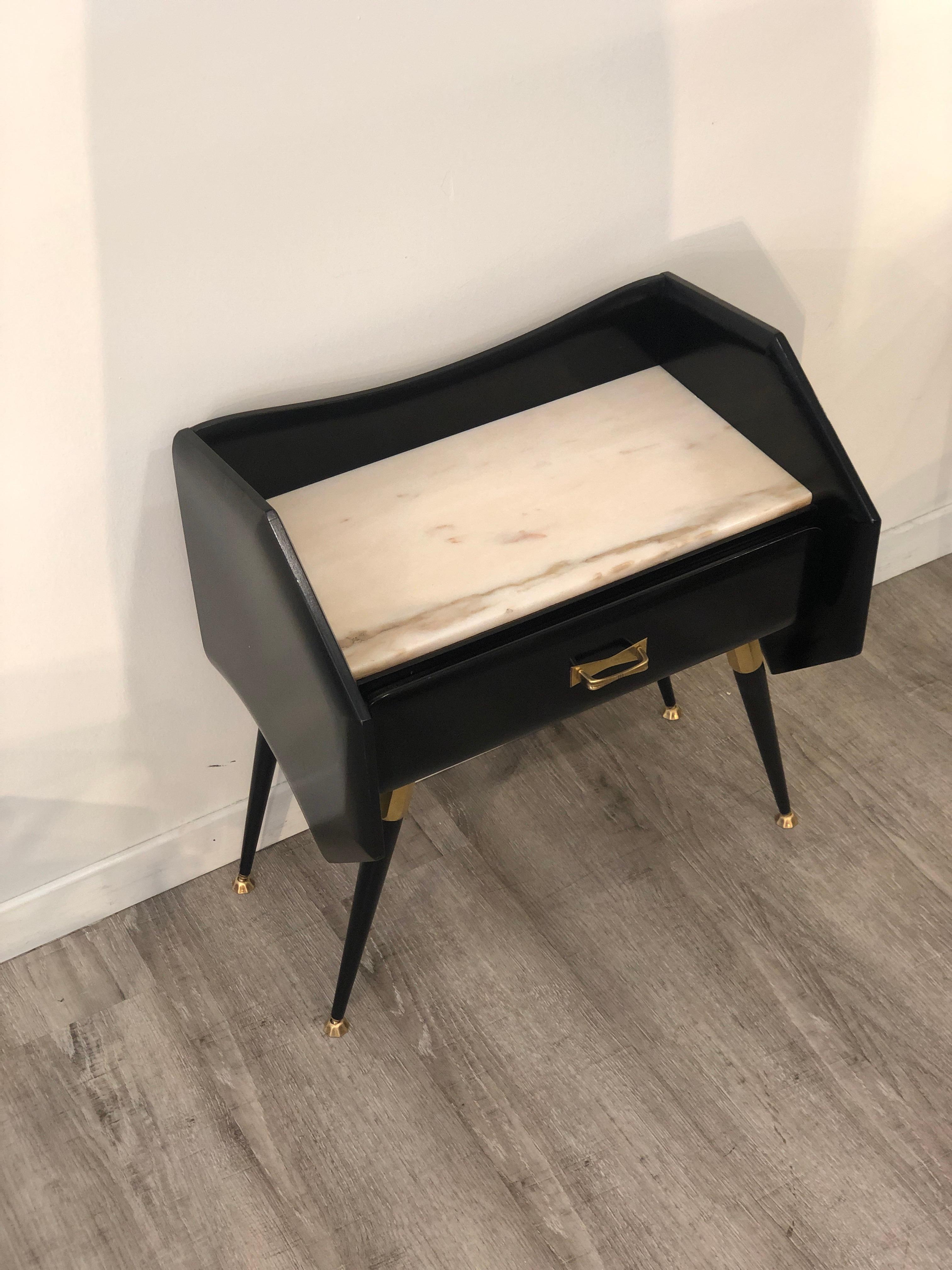 20th Century Italian Mid Century Black Bedside Tables with Marble Top and Brass Details